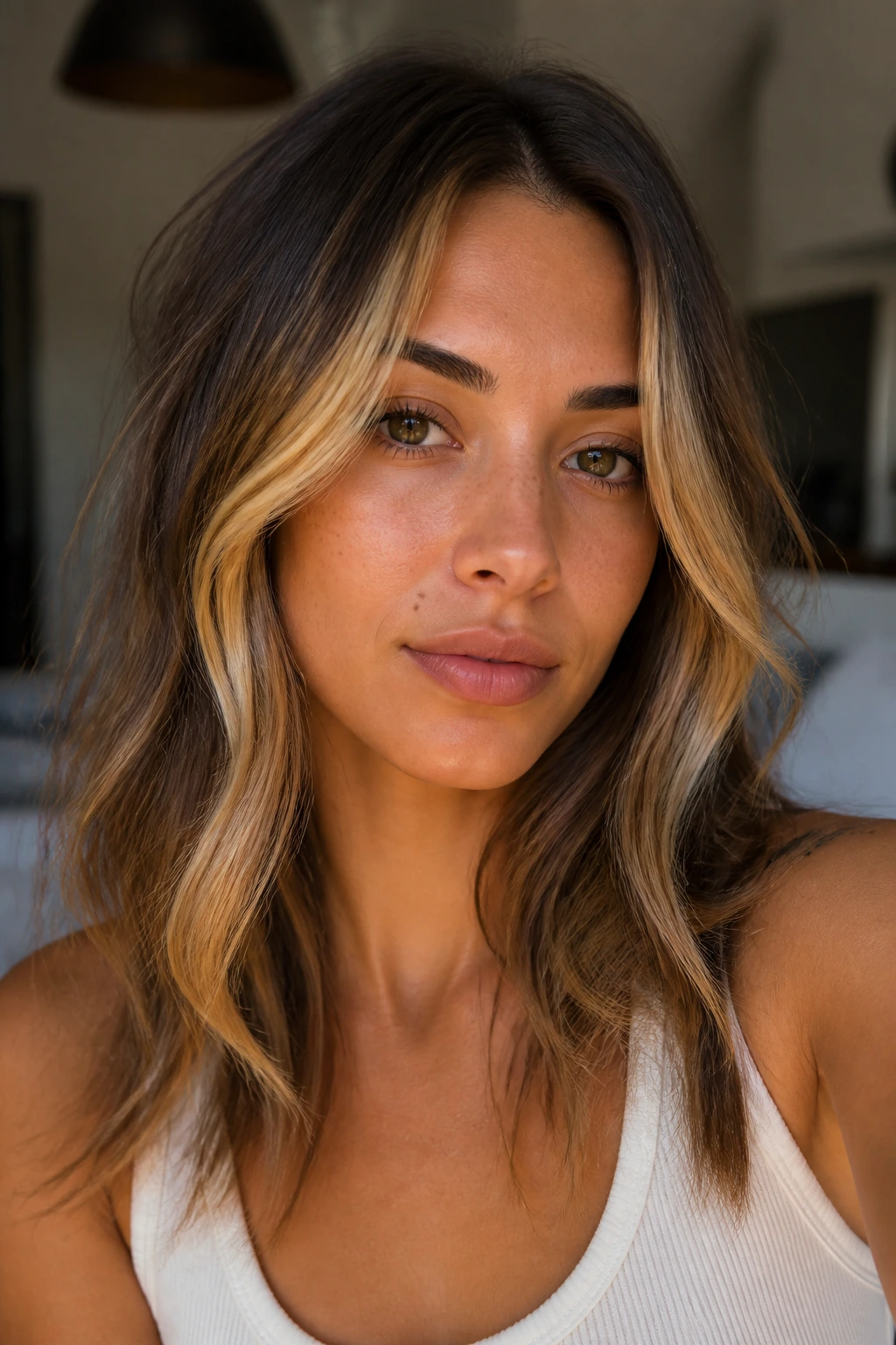 Olive-skinned person with golden beige money piece highlighting the cheekbones.