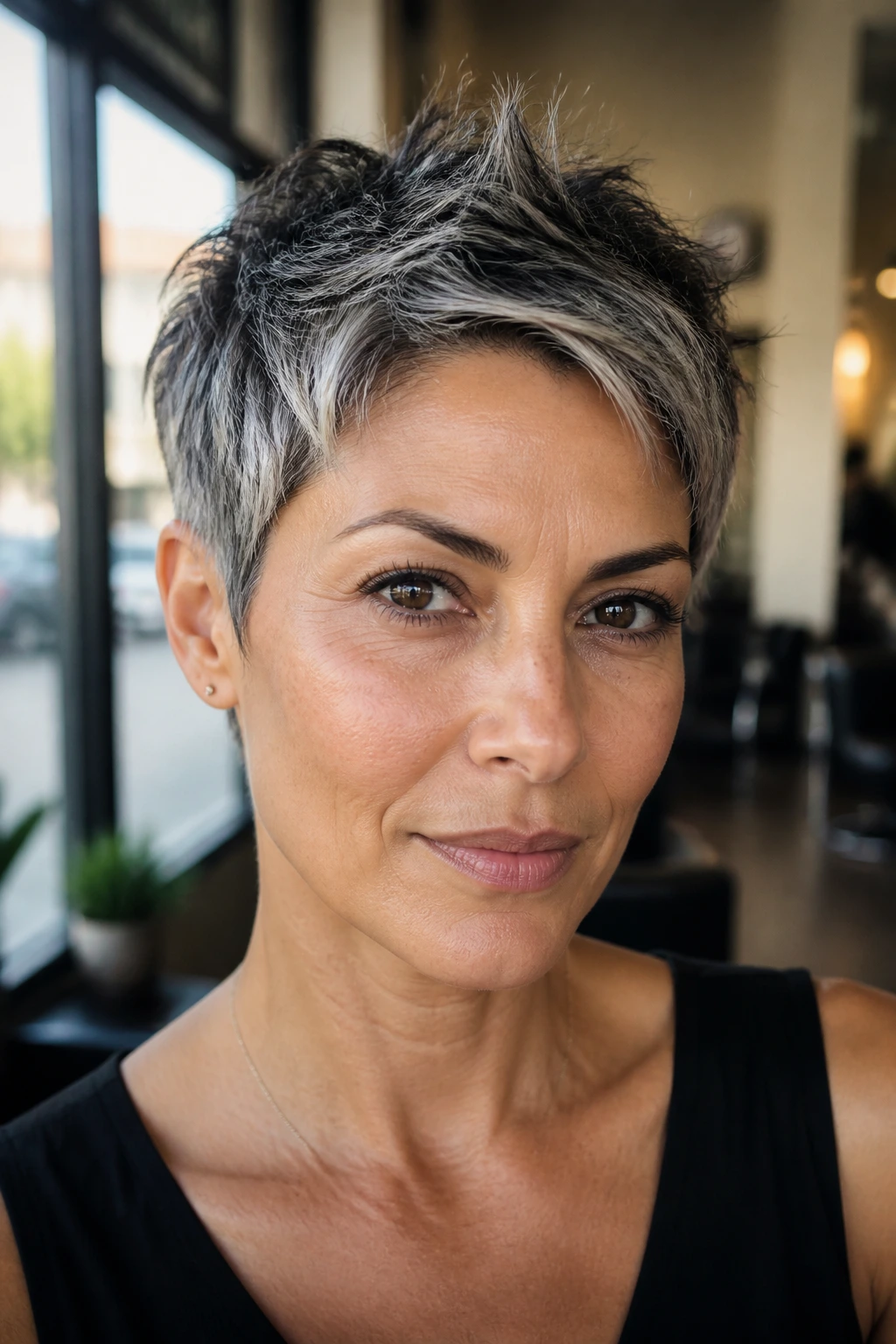 Portrait of woman with textured salt-and-pepper pixie hairstyle