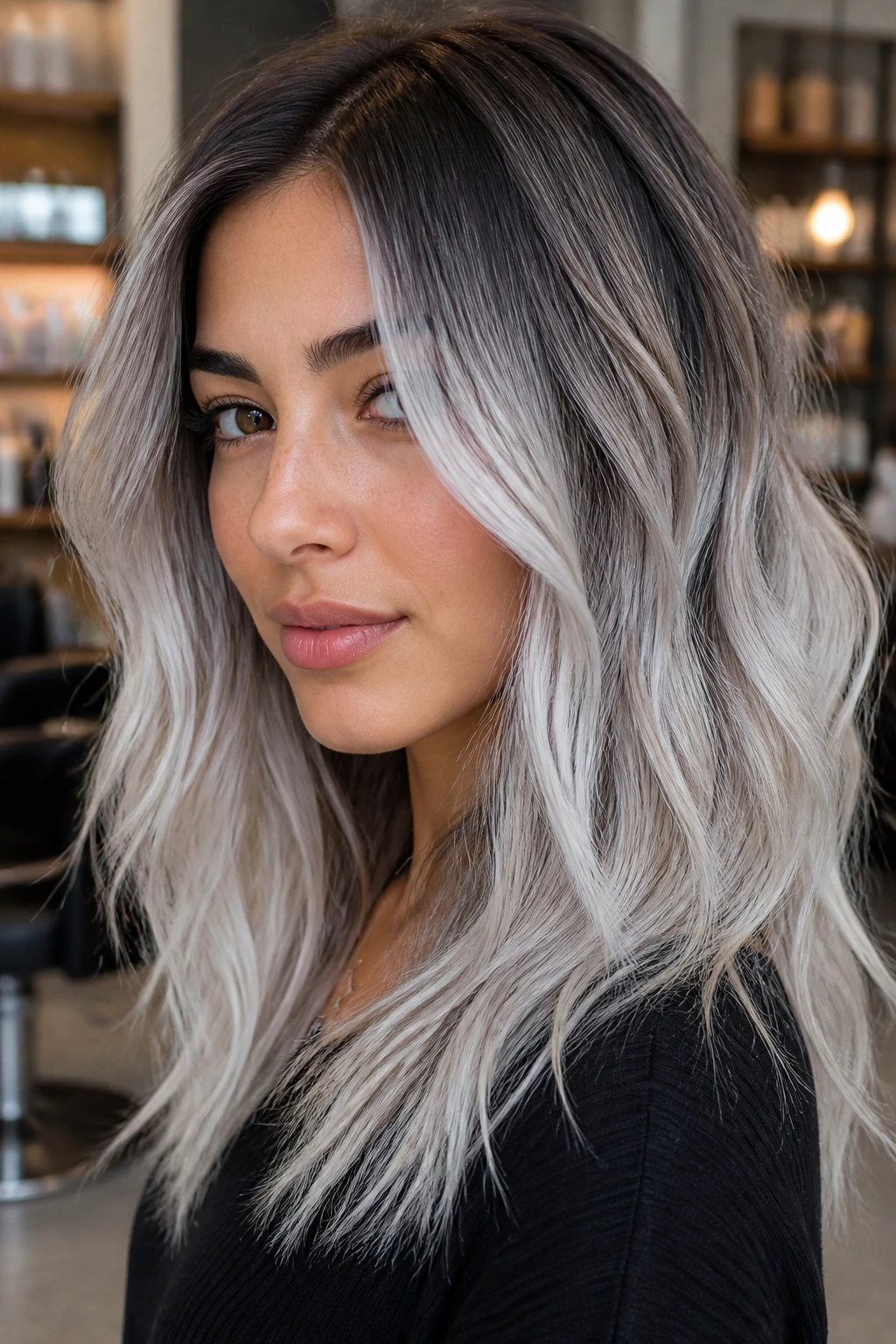 Close-up of olive-skinned person with smoky-root platinum melt hair