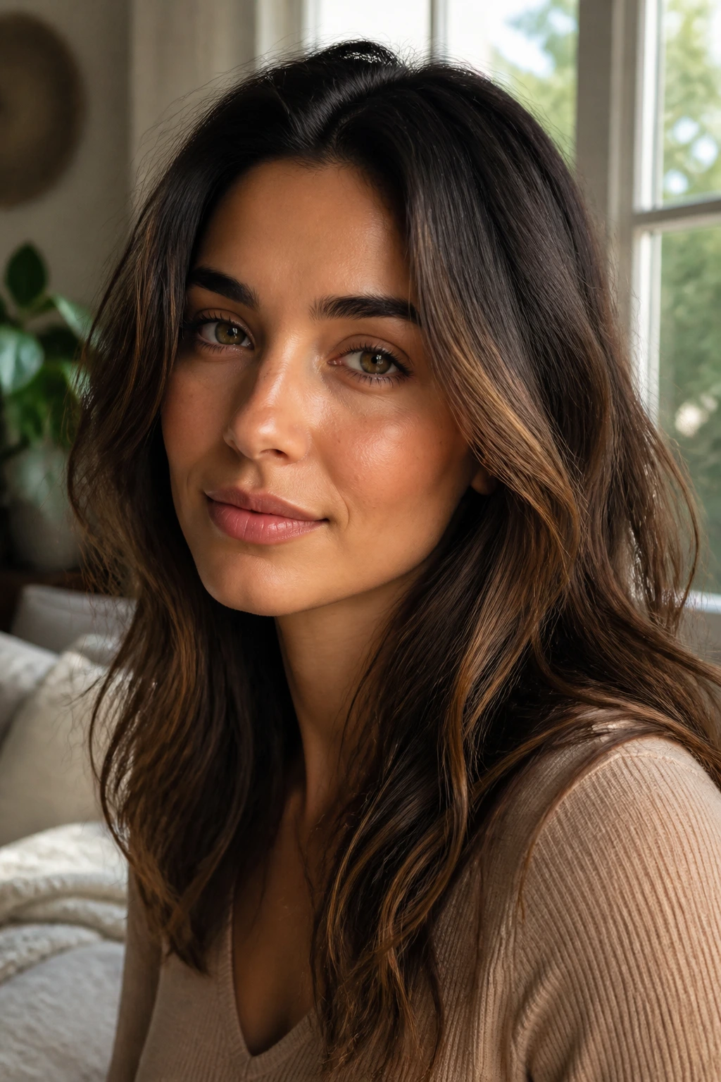 Close-up portrait of olive-toned skin with warm window light