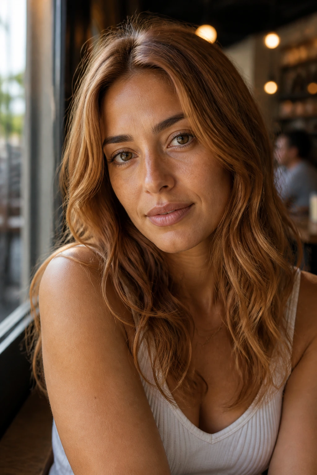 Portrait of olive skin with reddish-blonde hair in warm natural light