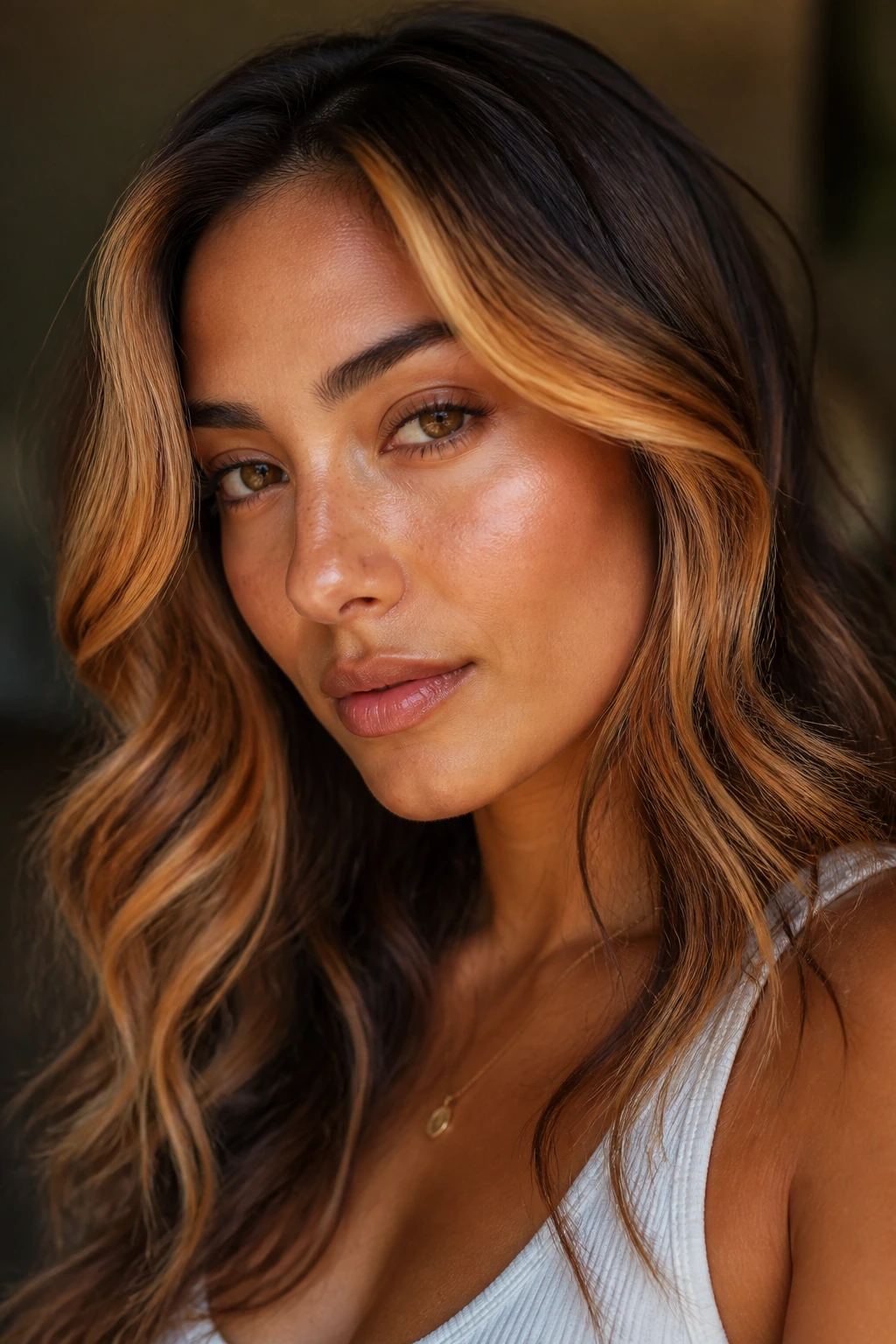 Olive skin with saffron face-framing highlights around the eyes and cheeks.