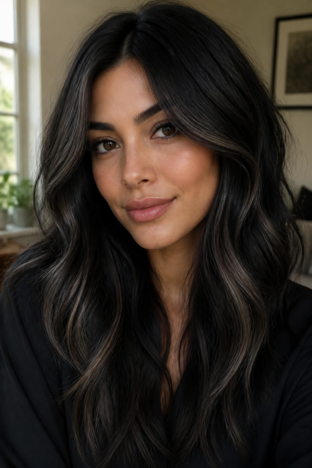Close-up portrait of a real person with satin black hair and taupe lowlights on olive skin