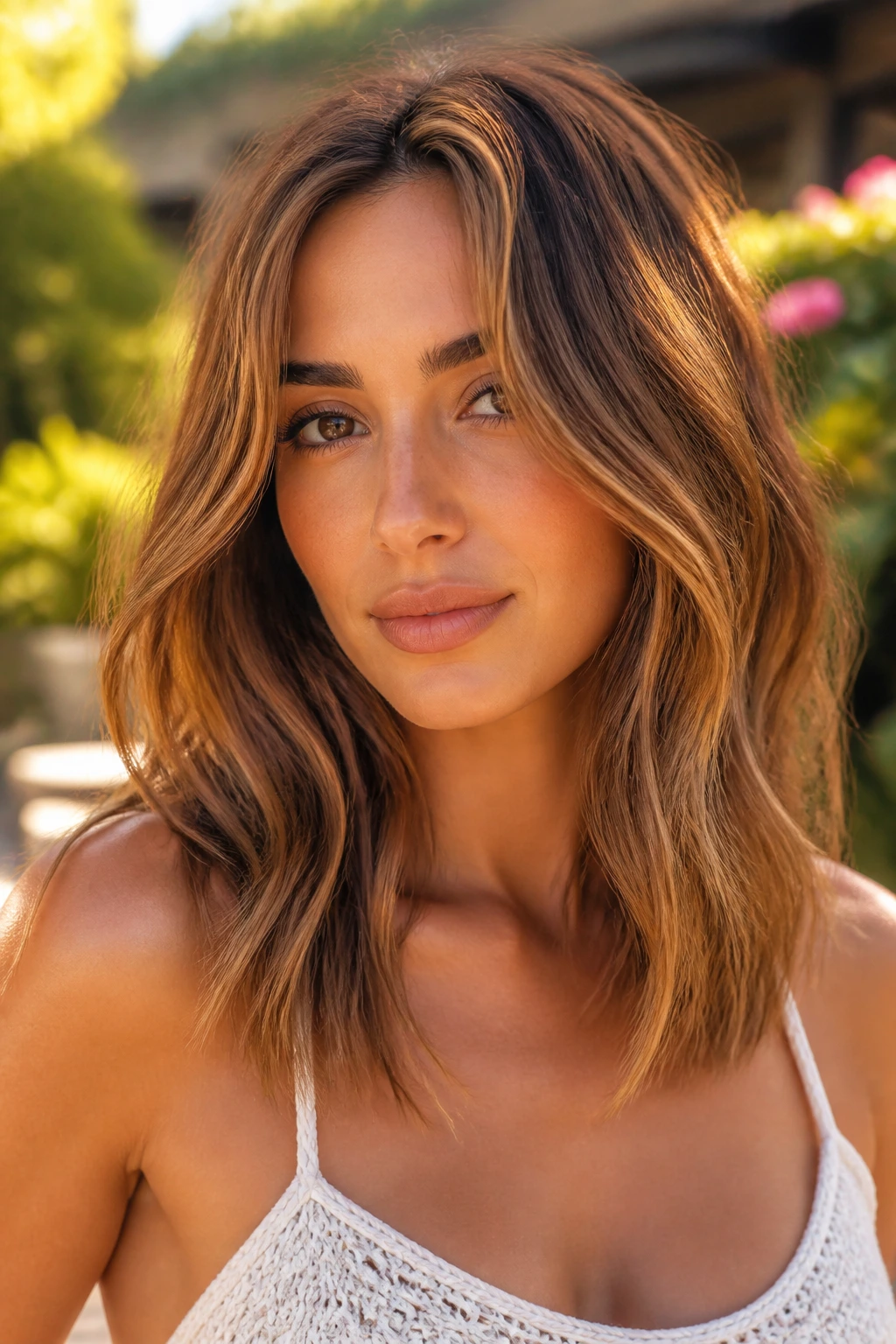 Olive-skinned person with warm brown hair shade in golden-hour light