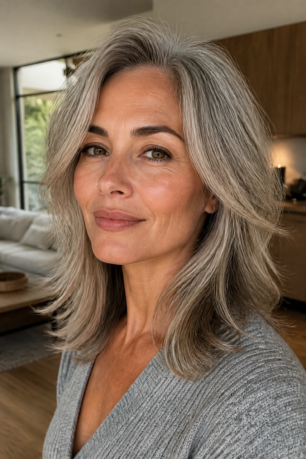 Close-up of olive skin woman with smoky beige and pewter grey hair tones