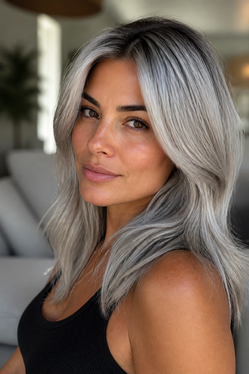 Close-up of olive-skinned person with smoked-root platinum silver hair