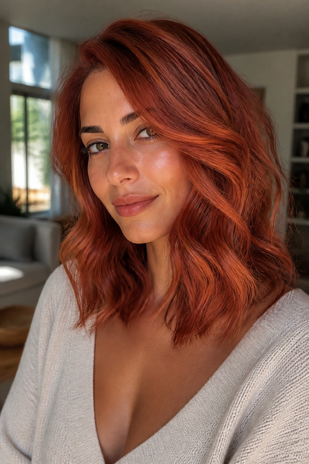 Close-up of a real woman with olive skin wearing strawberry red hair with copper and rose notes
