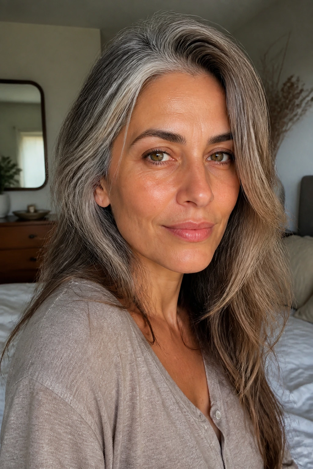 Close-up of olive skin with grey grow-out and root shadow