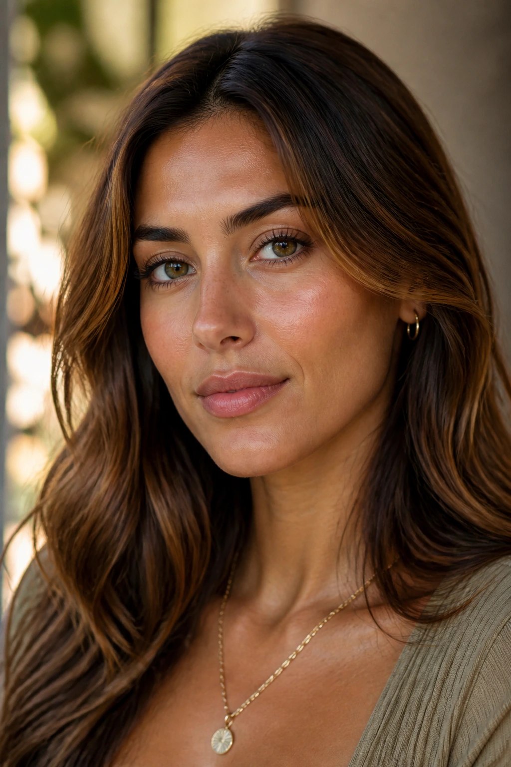 Close-up of olive skin in daylight with warm undertone cues suggested by jewelry.