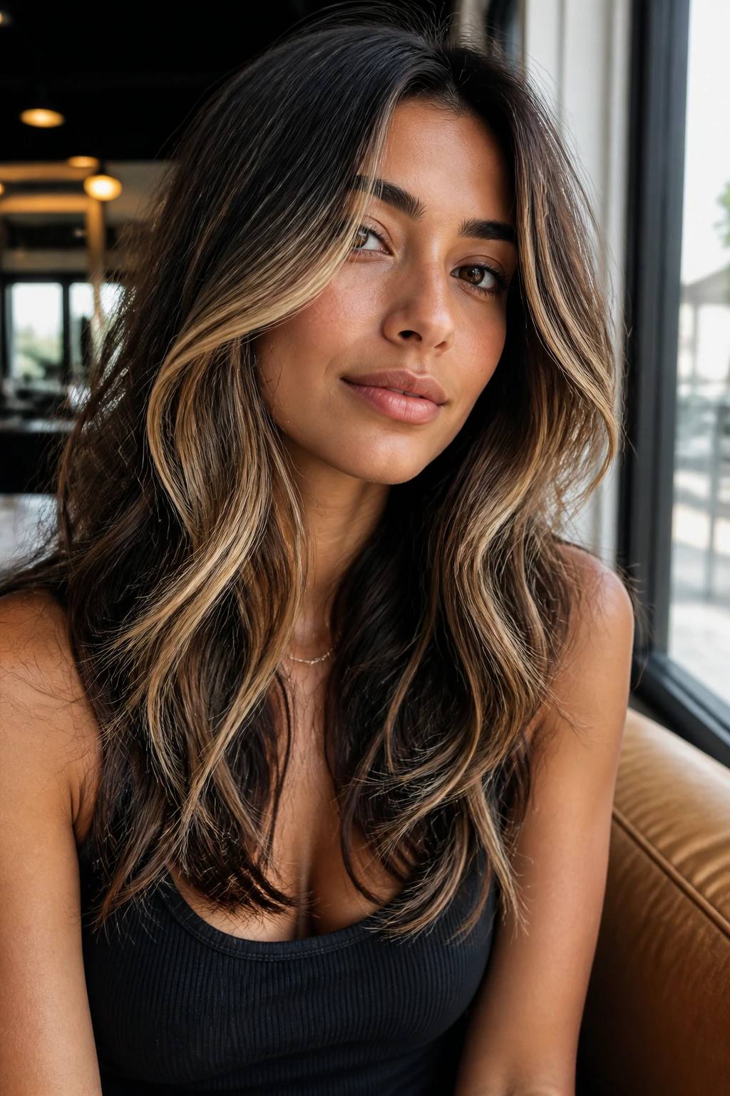 Portrait showing olive skin with contrasting hair highlights and movement