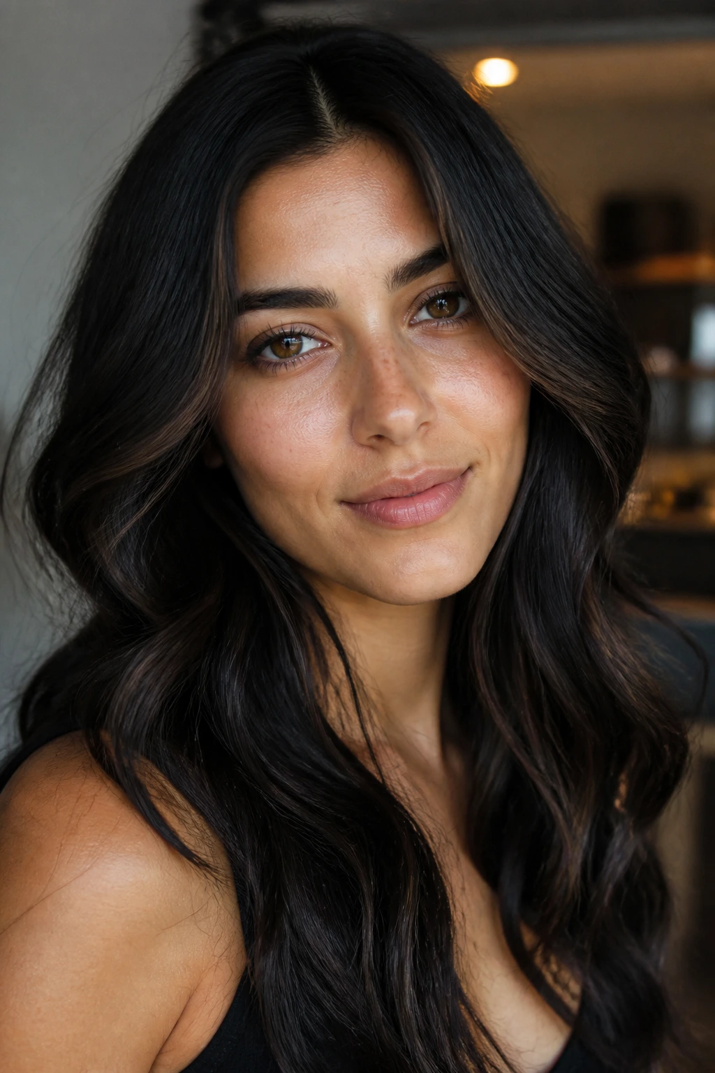 Close-up portrait of olive-skinned person showing black shade undertones and subtle lowlights in hair.
