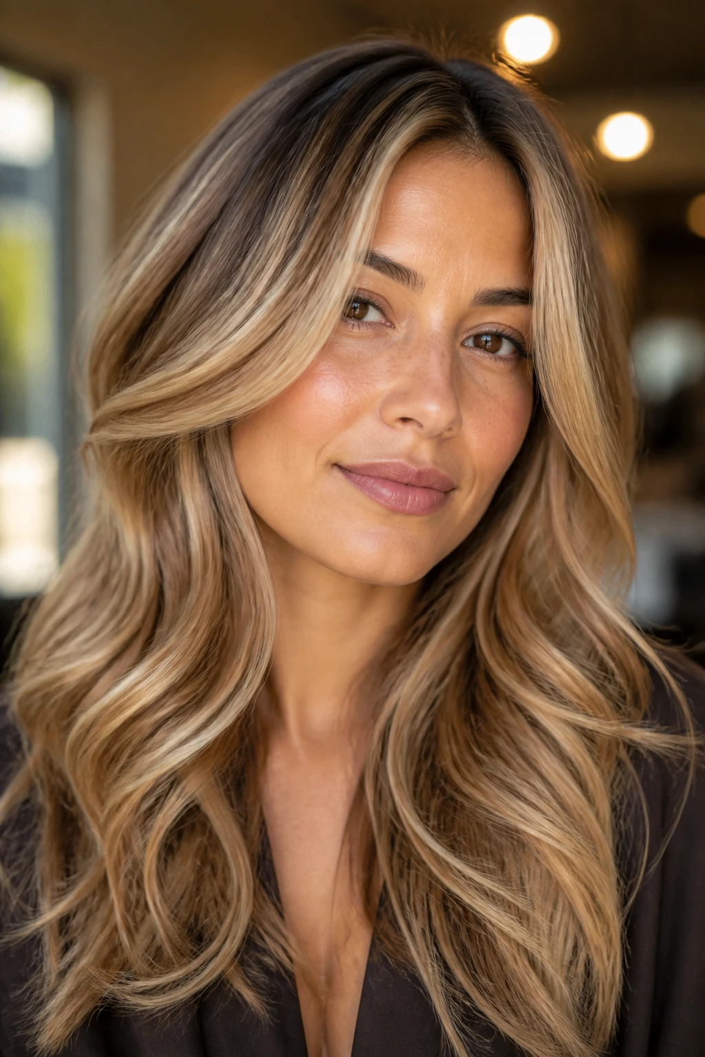 Portrait of olive-skinned person with lively warm blonde hair tones