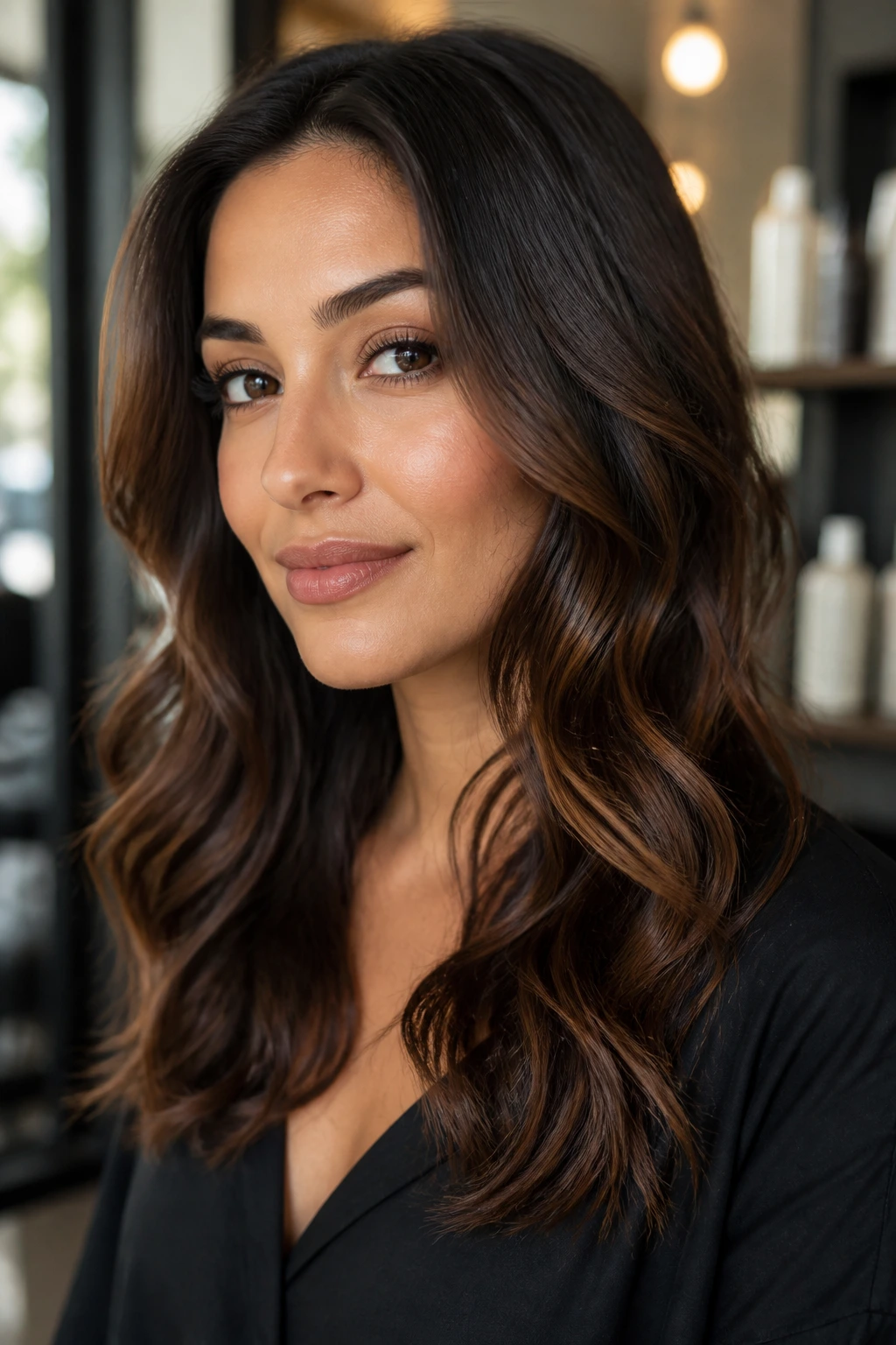Close-up of olive-neutral skin woman with deep warm brown hair showing depth