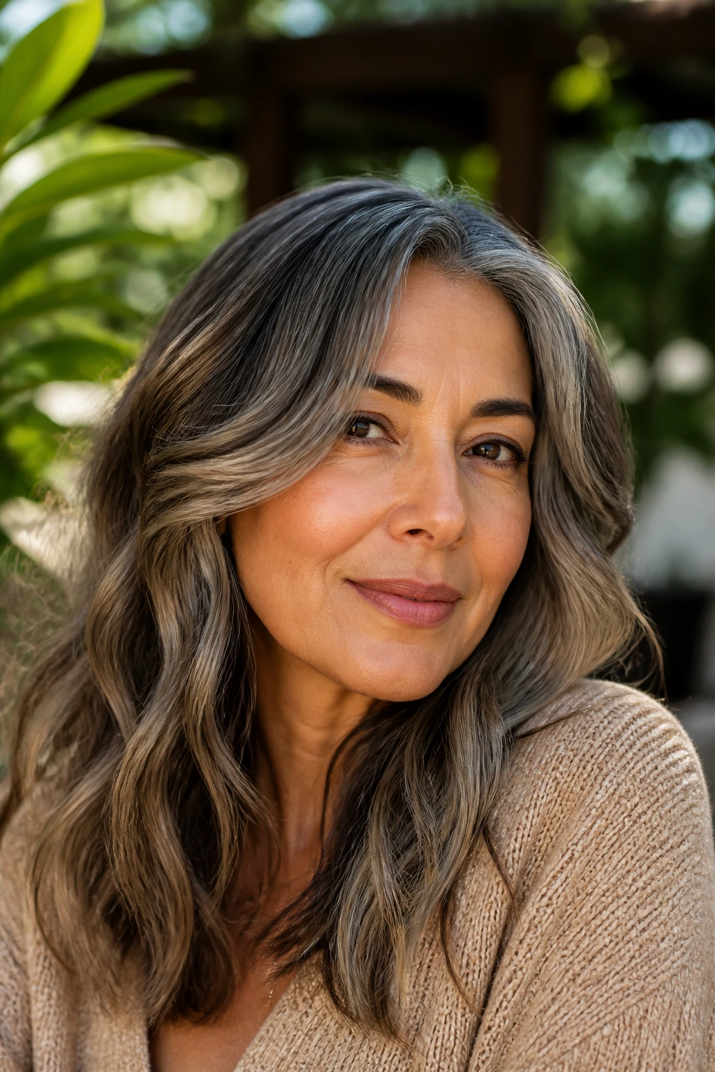 Portrait of woman with olive-toned grey balayage hair