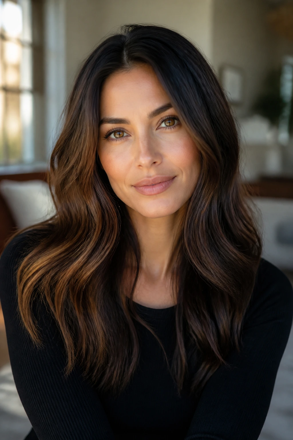 Portrait of brunette on olive undertone showing warm cool neutral tones