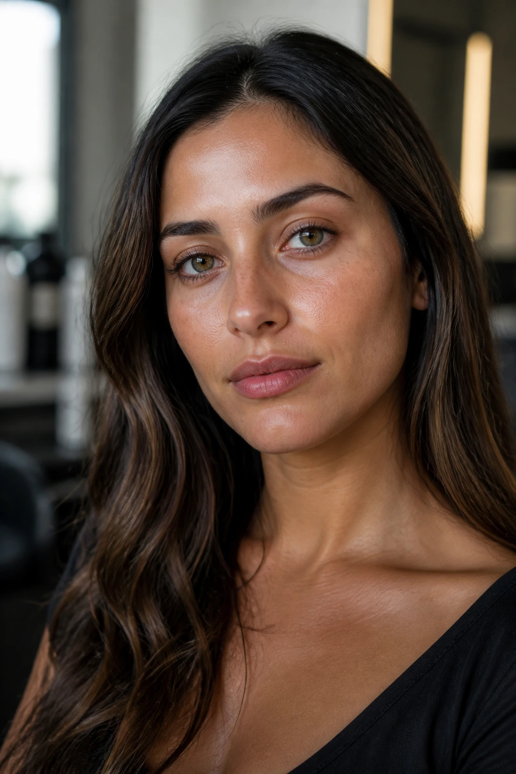 Close-up portrait showing olive undertone on skin in natural window light