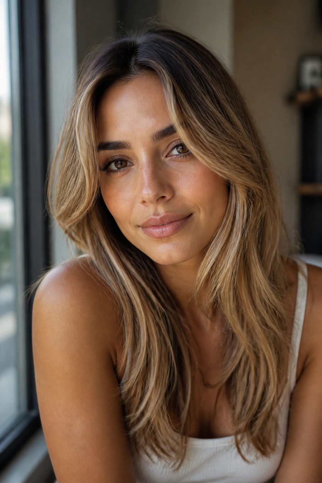 Portrait of a person with olive skin and warm honey-beige blonde