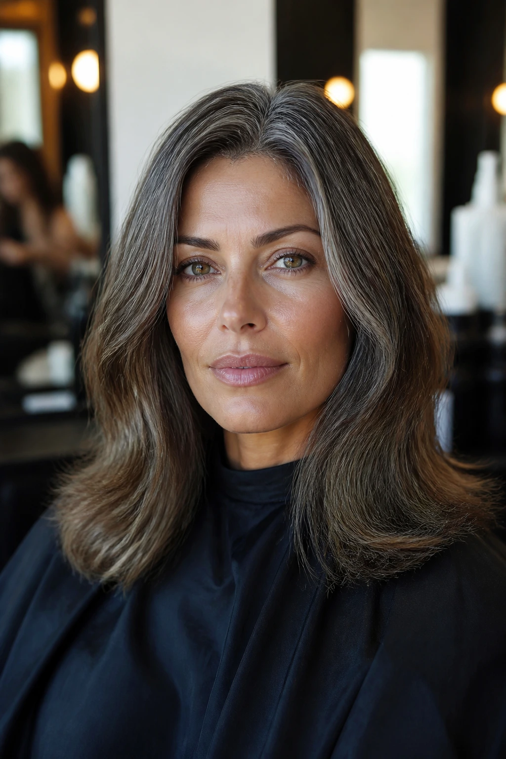 Portrait of a woman in a salon chair ready to discuss olive undertones