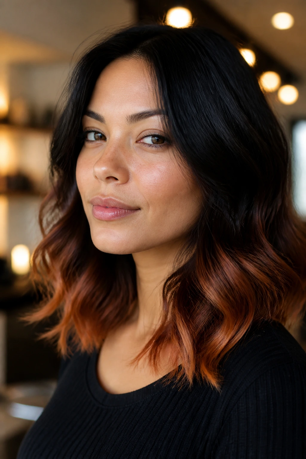 Portrait showing copper-tinted hair tips on olive-toned skin