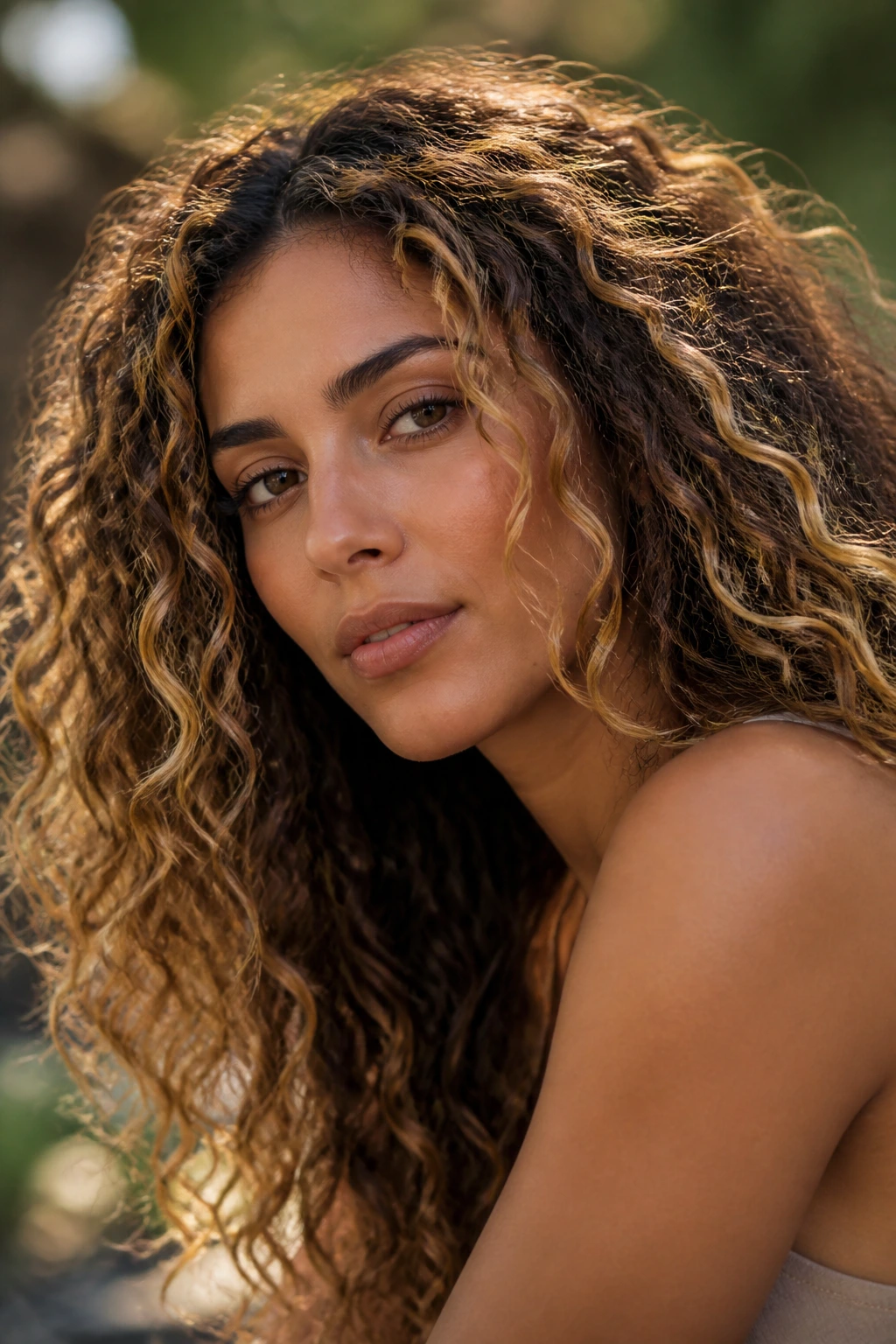 Portrait of olive-skinned woman with curly warm blonde highlights