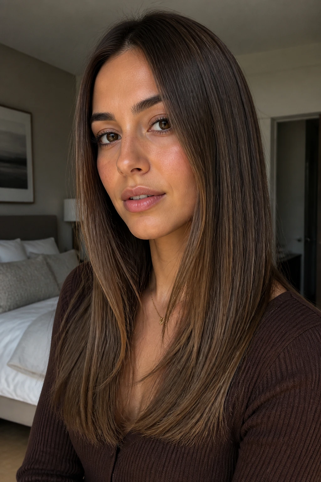 Portrait of olive-toned skin with mushroom brown hair
