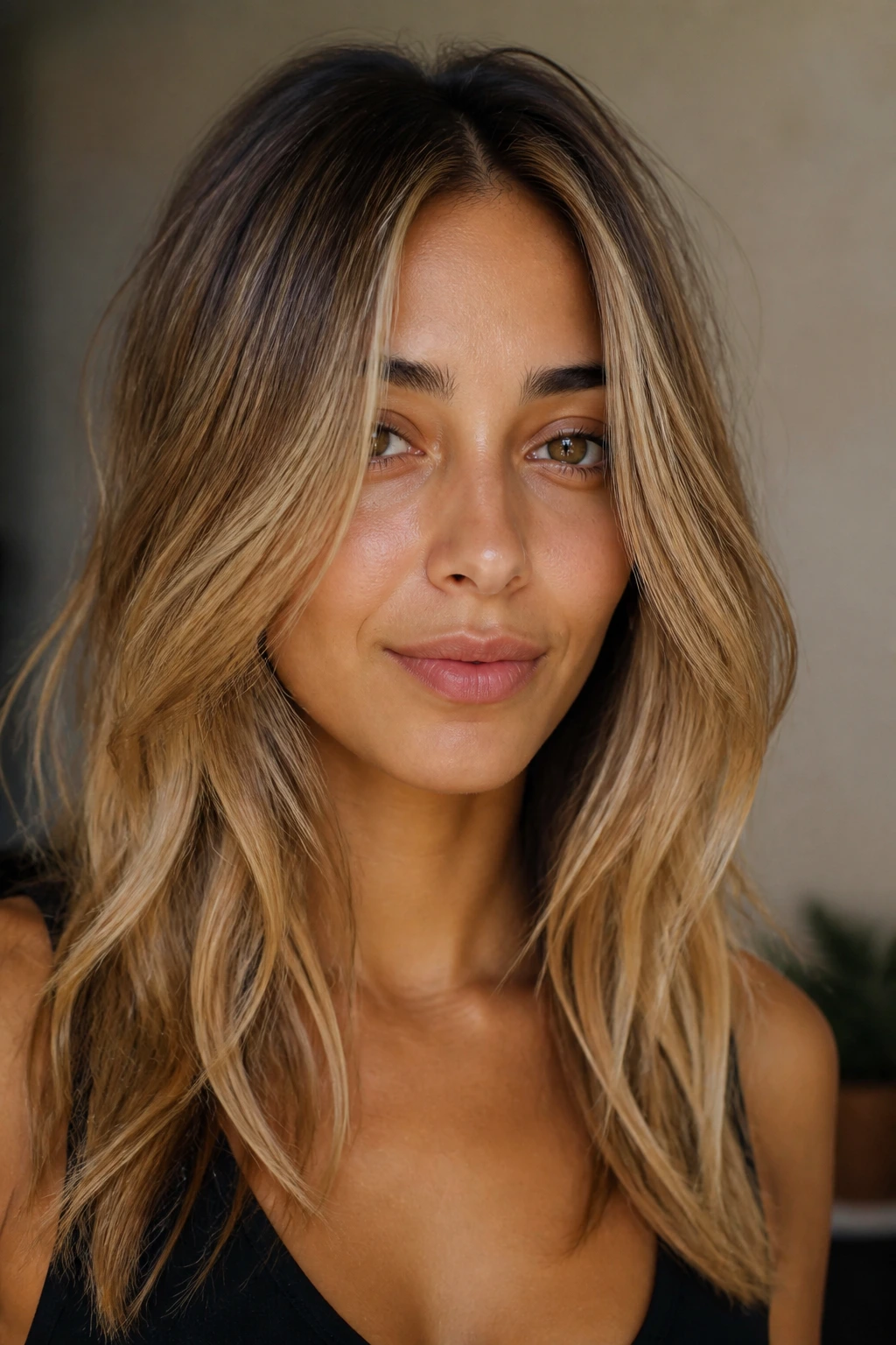 Close-up portrait highlighting olive skin undertones with warm beige blonde shade