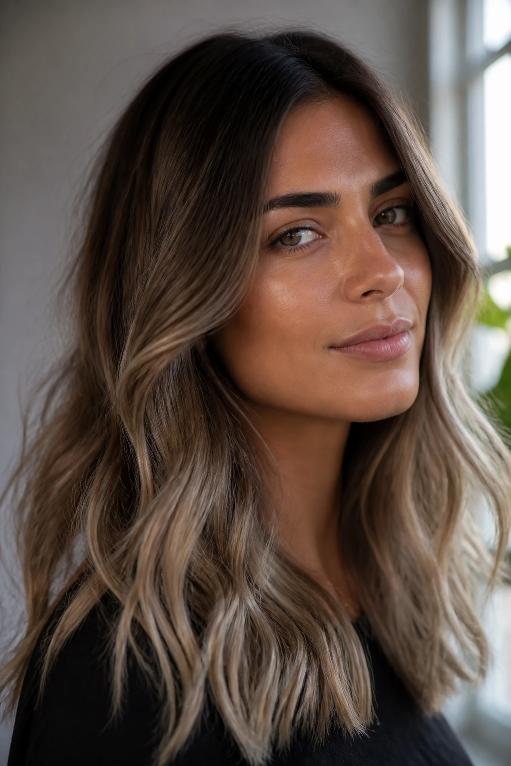 Portrait of olive-skinned person with mushroom and ash-beige ombre framing the face