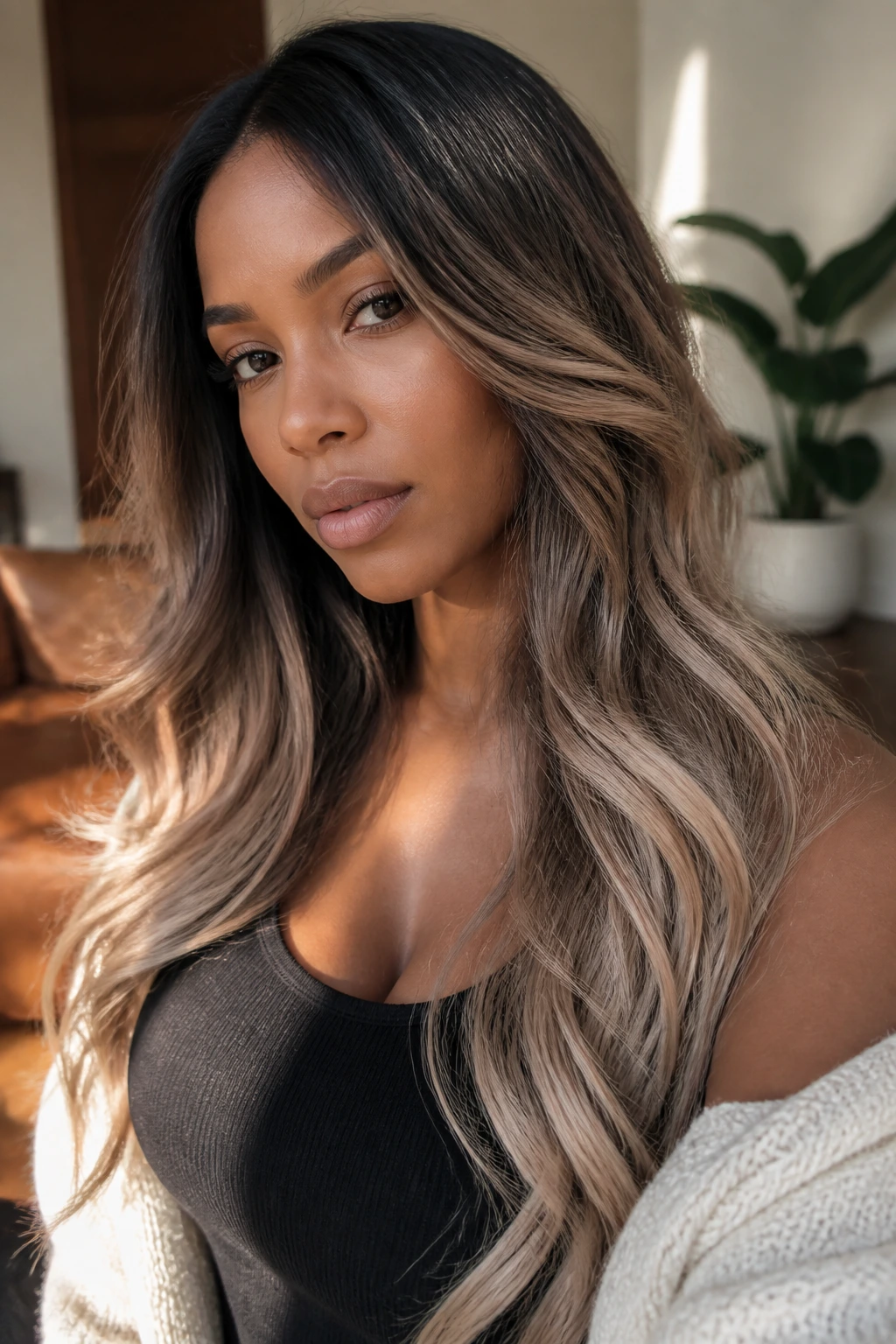 Close-up of a real woman with espresso-to-ash ombré hair from dark roots to beige ends