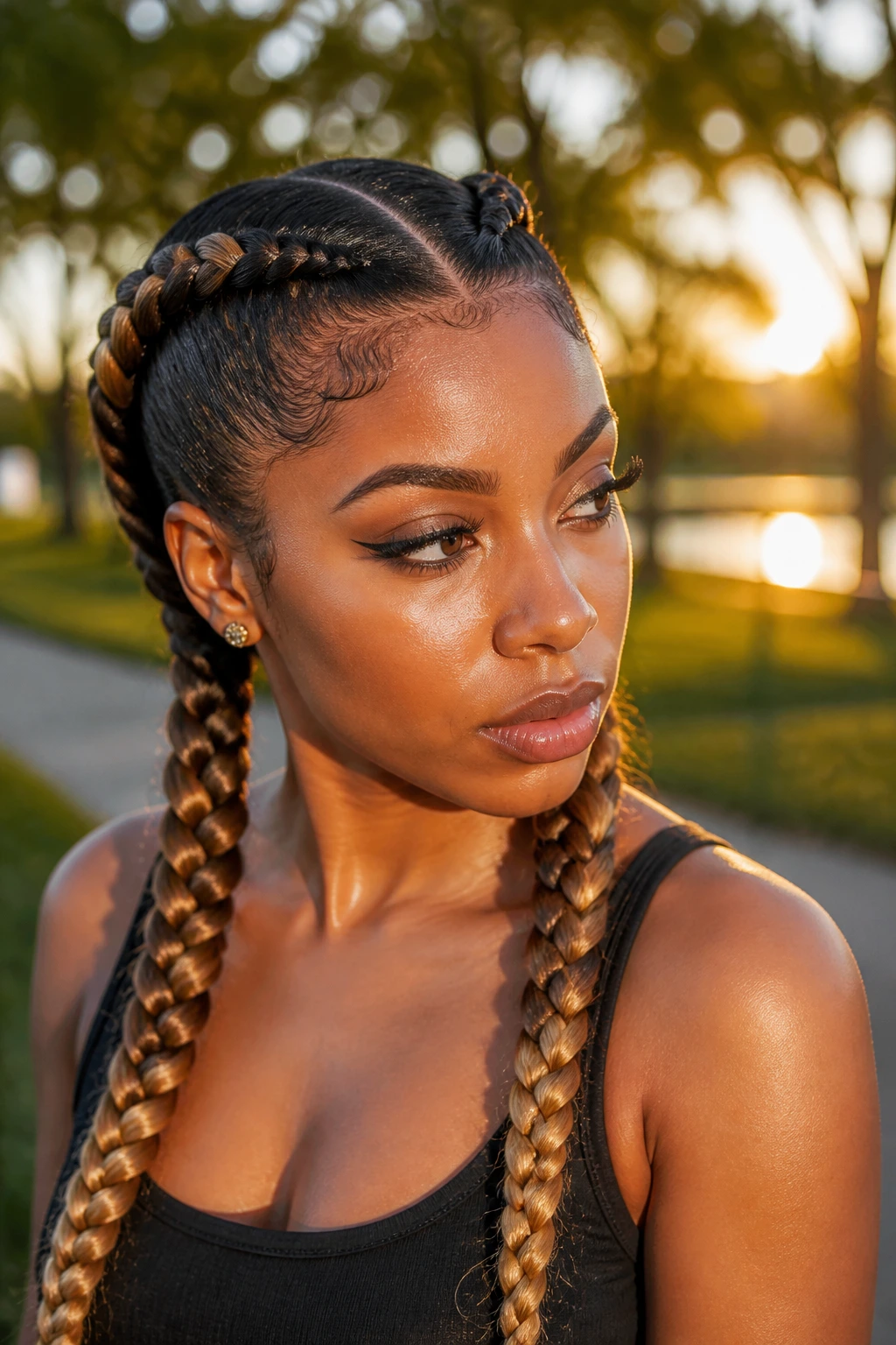 Close-up of a real woman with ombre double Dutch braids