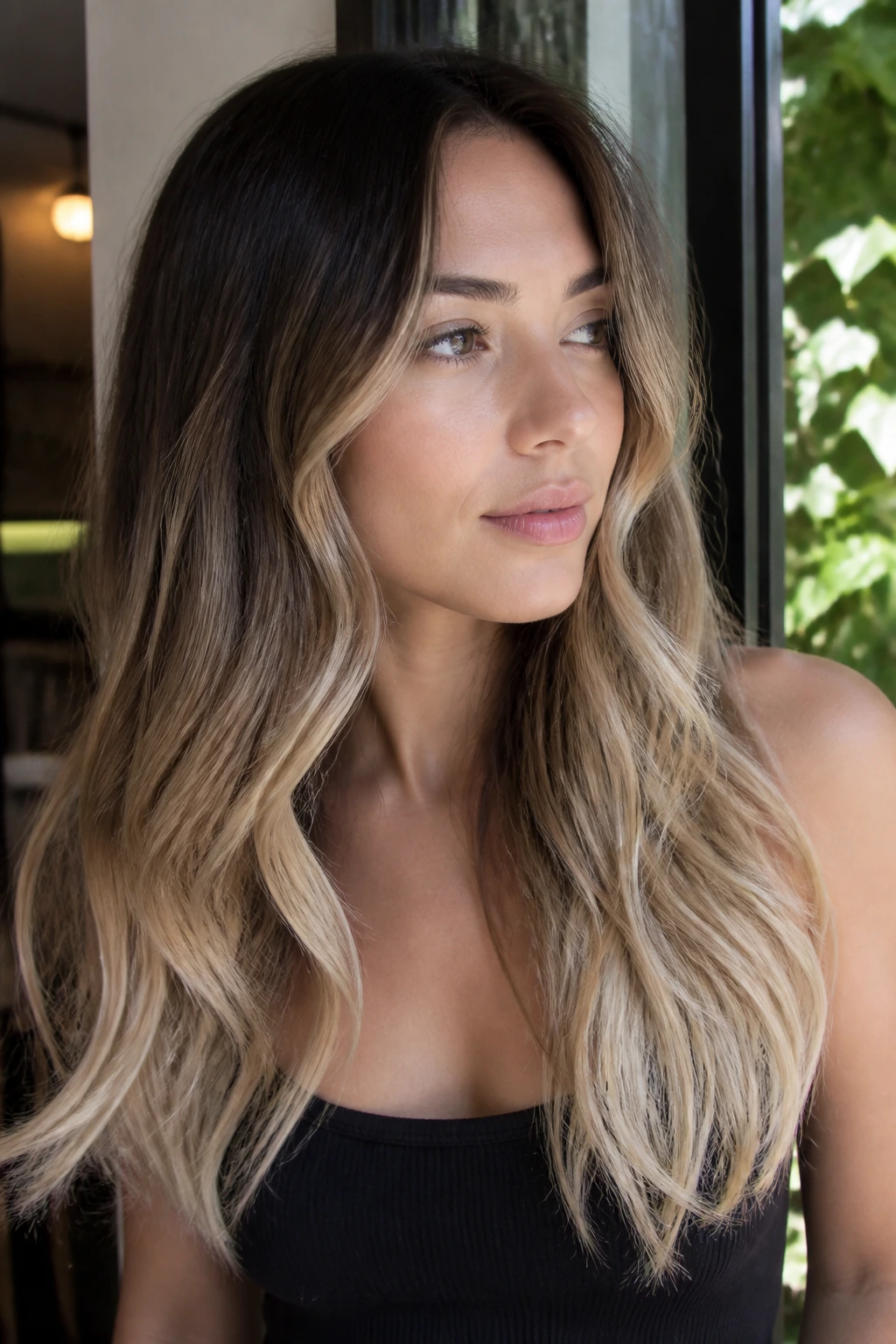 Close-up of real woman with soft brunette-to-platinum ombré on long hair.