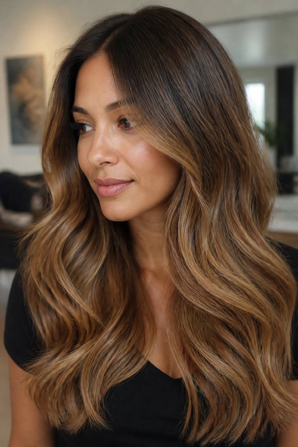 Close-up of a real person with soft ombré caramel fade from roots to ends