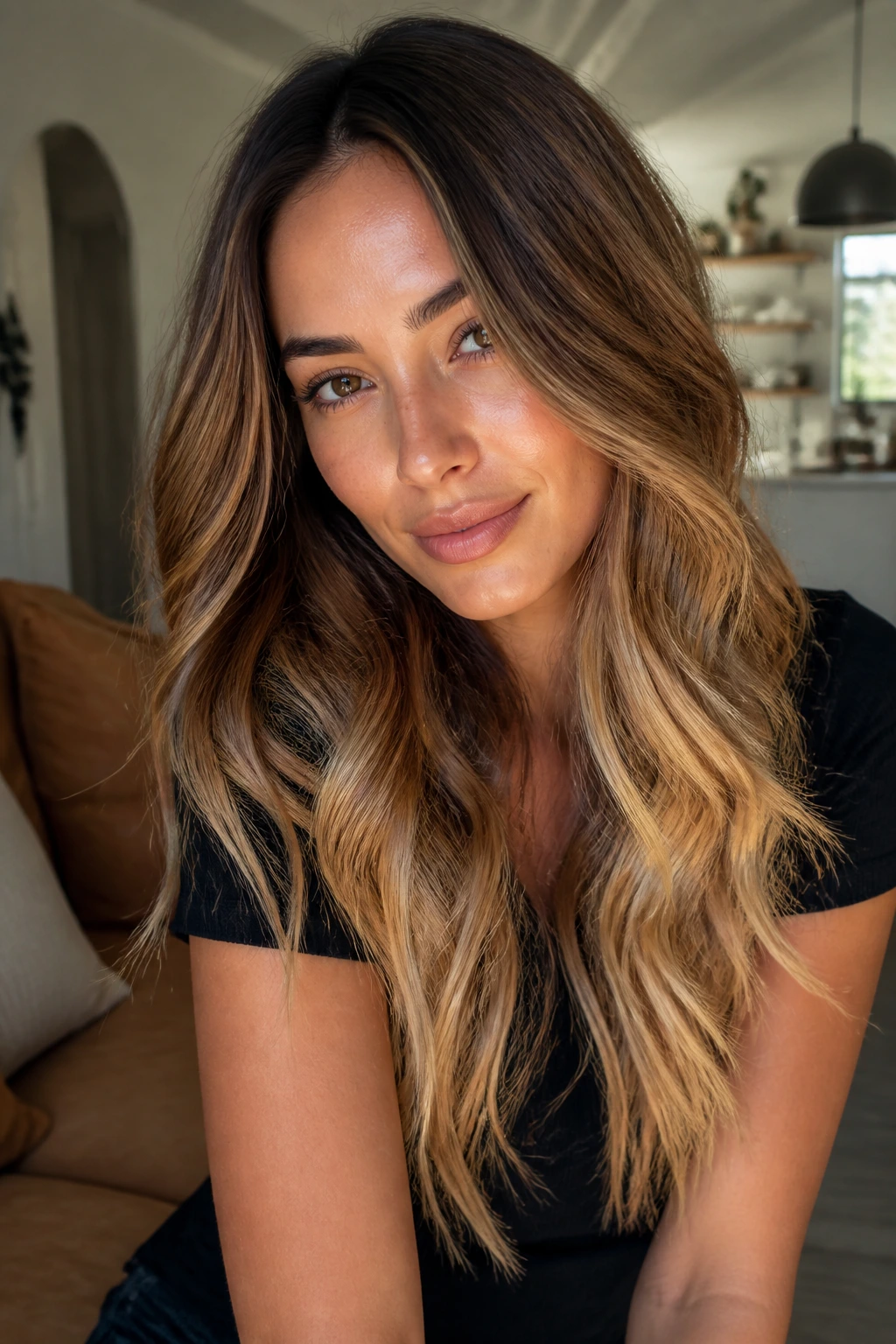 Close-up portrait of a person with chestnut-to-blonde ombré hair