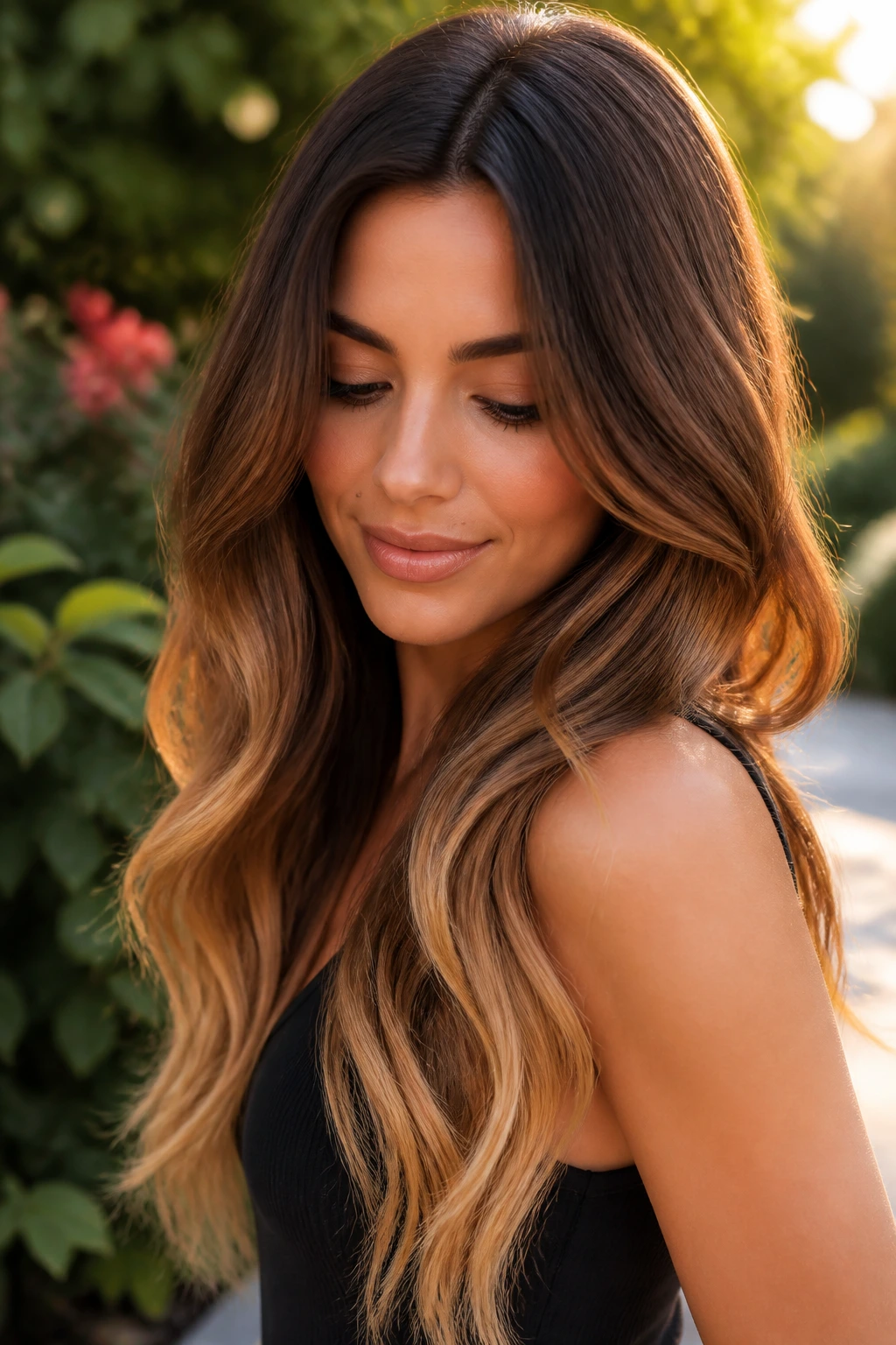 Close-up portrait with soft ombré from chestnut roots to caramel ends.