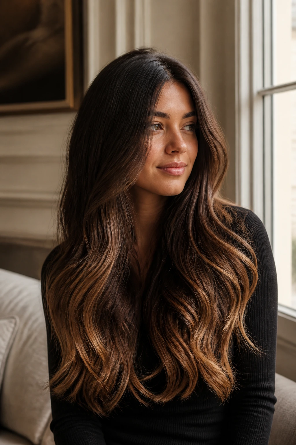 Chestnut to caramel ombré on long hair of a real person