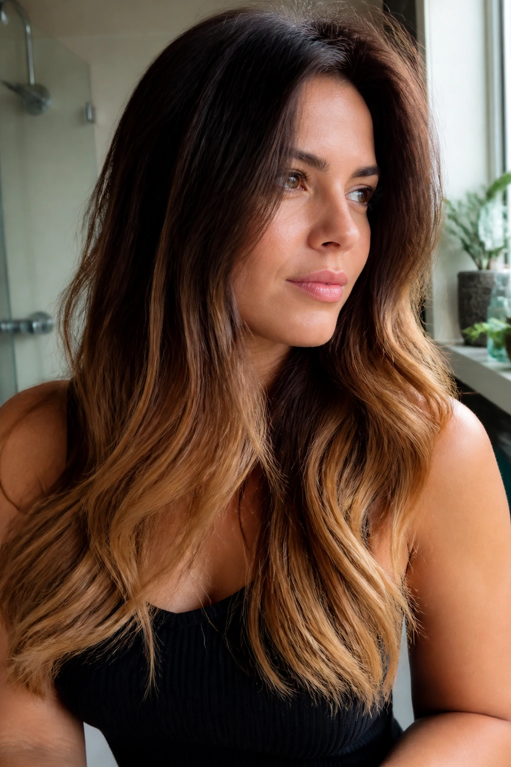 Real person with thick hair displaying chestnut to honey ombré from chin to ends