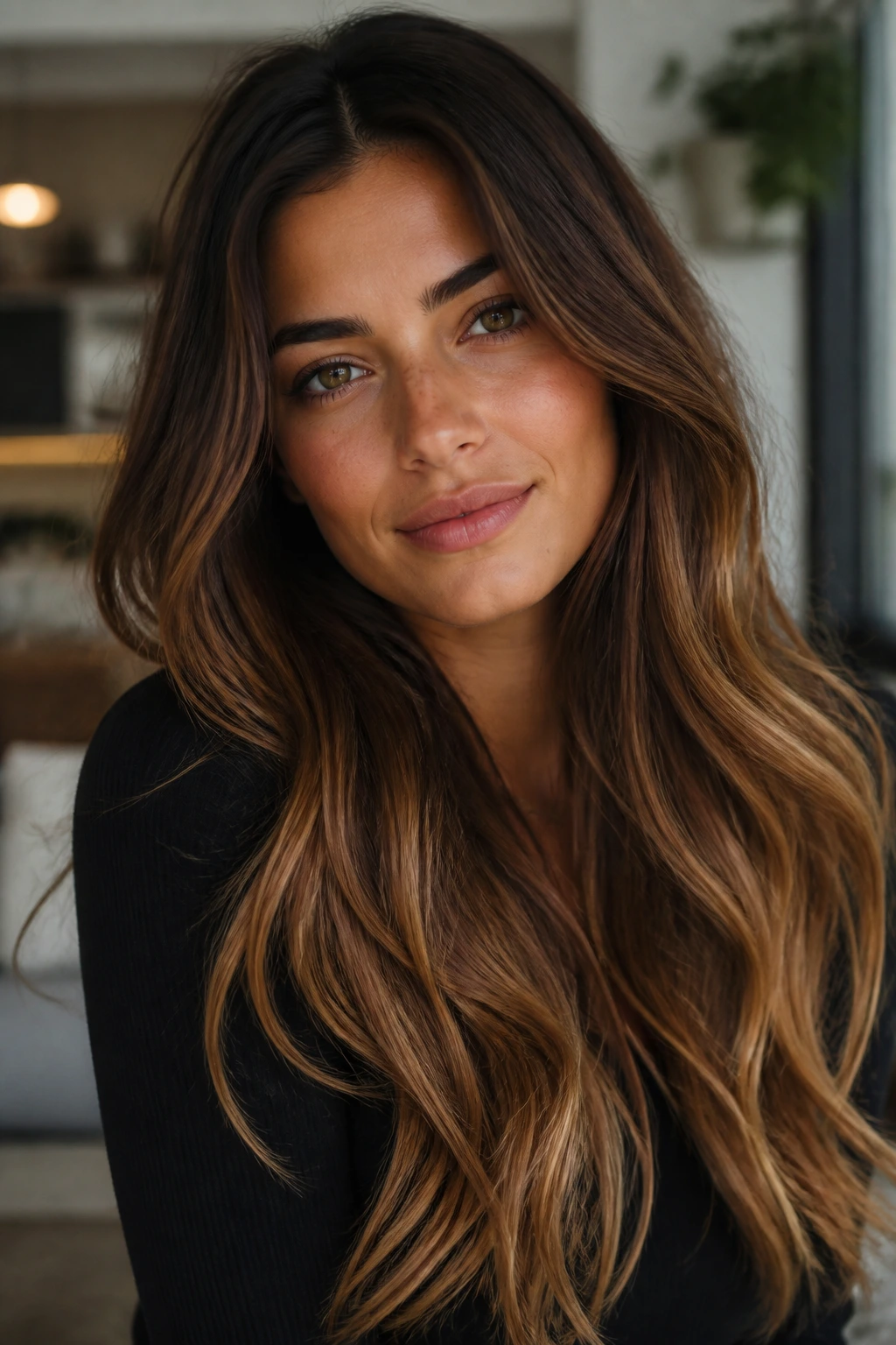 Close-up of a woman with chocolate to honey caramel ombre on long hair