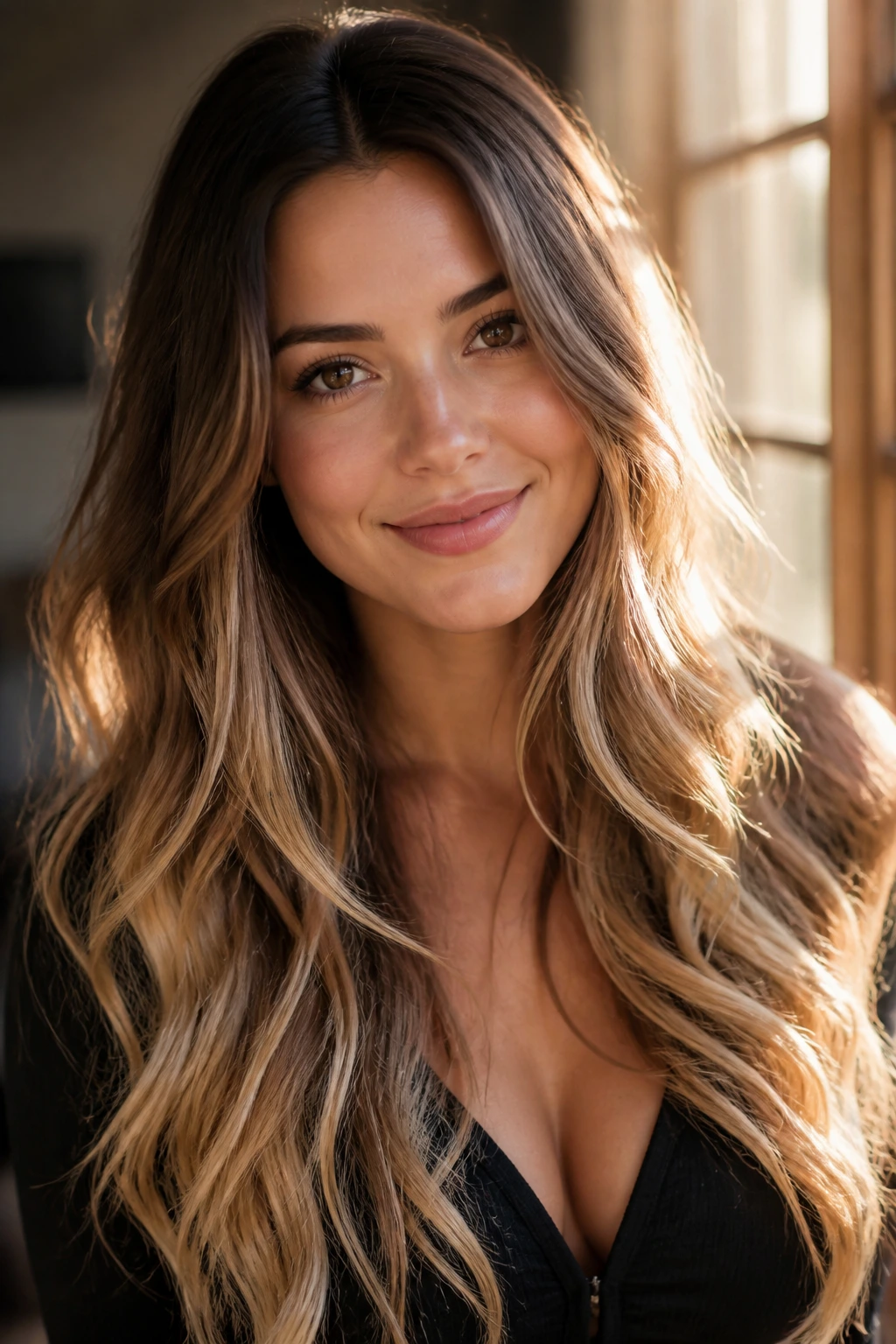 Close-up of sunlit ombré with creamy ends on long hair