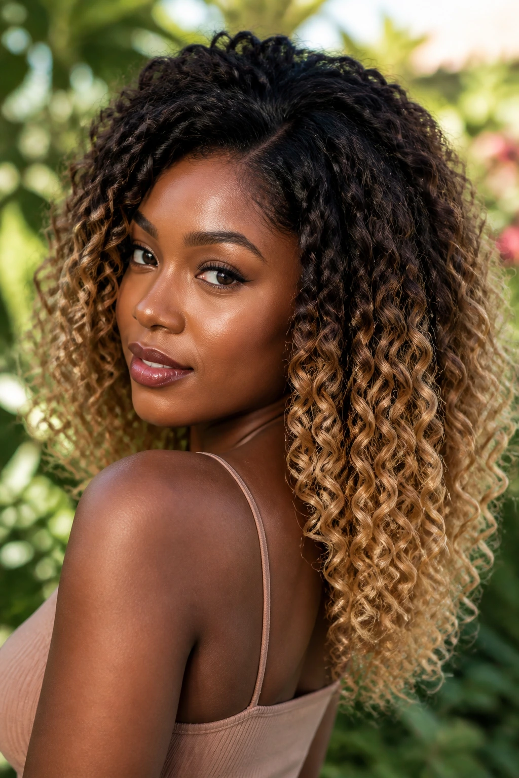 Close-up of defined curls with honey blonde ombré starting mid-length