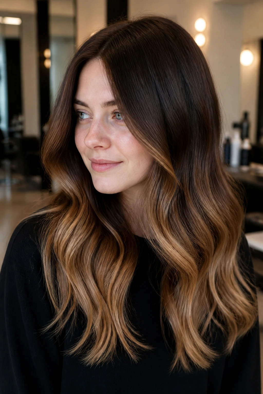 Close-up of a real woman showing dark brown to caramel ombré with soft waves