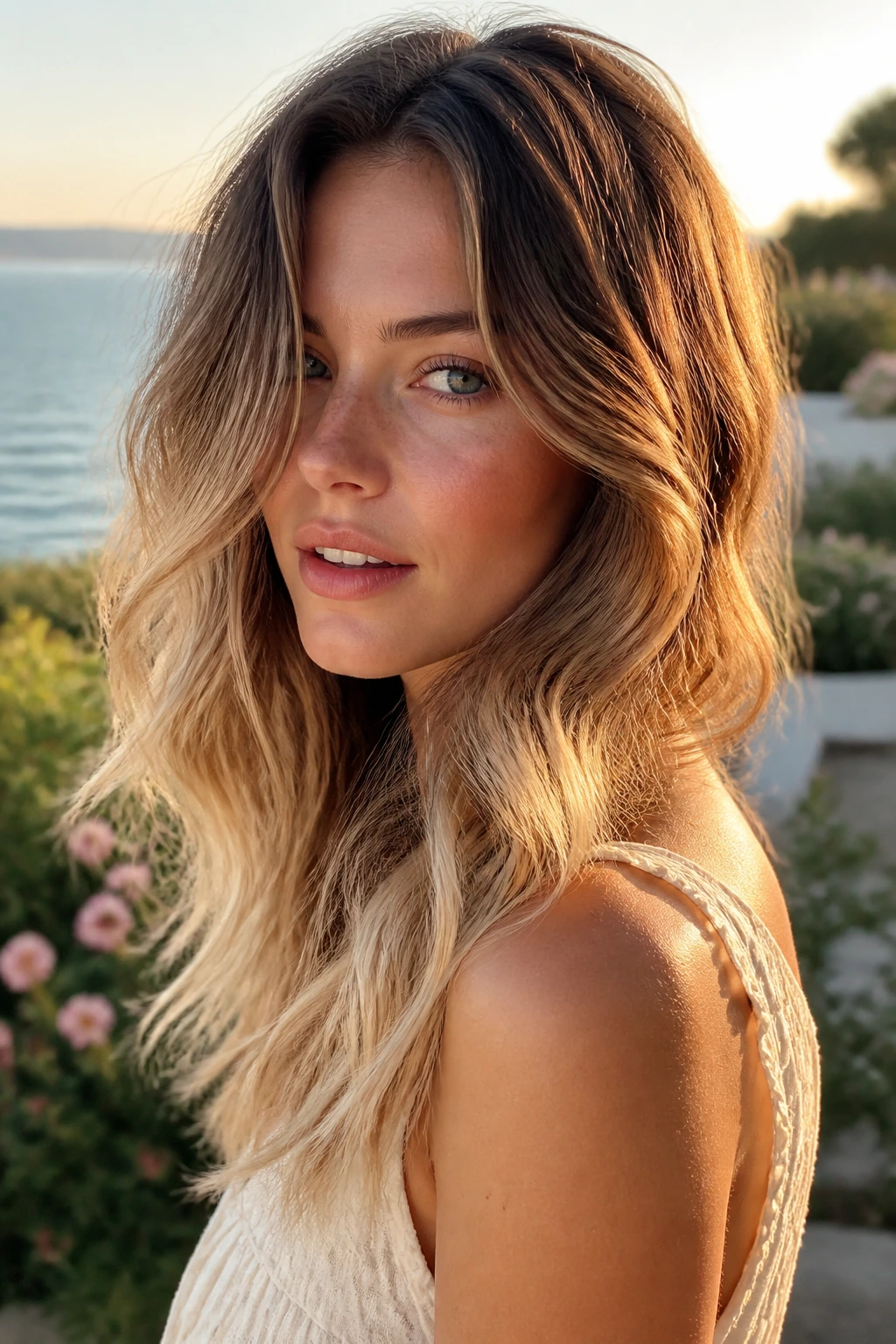 Close-up of real woman with soft ombré ends in long waves