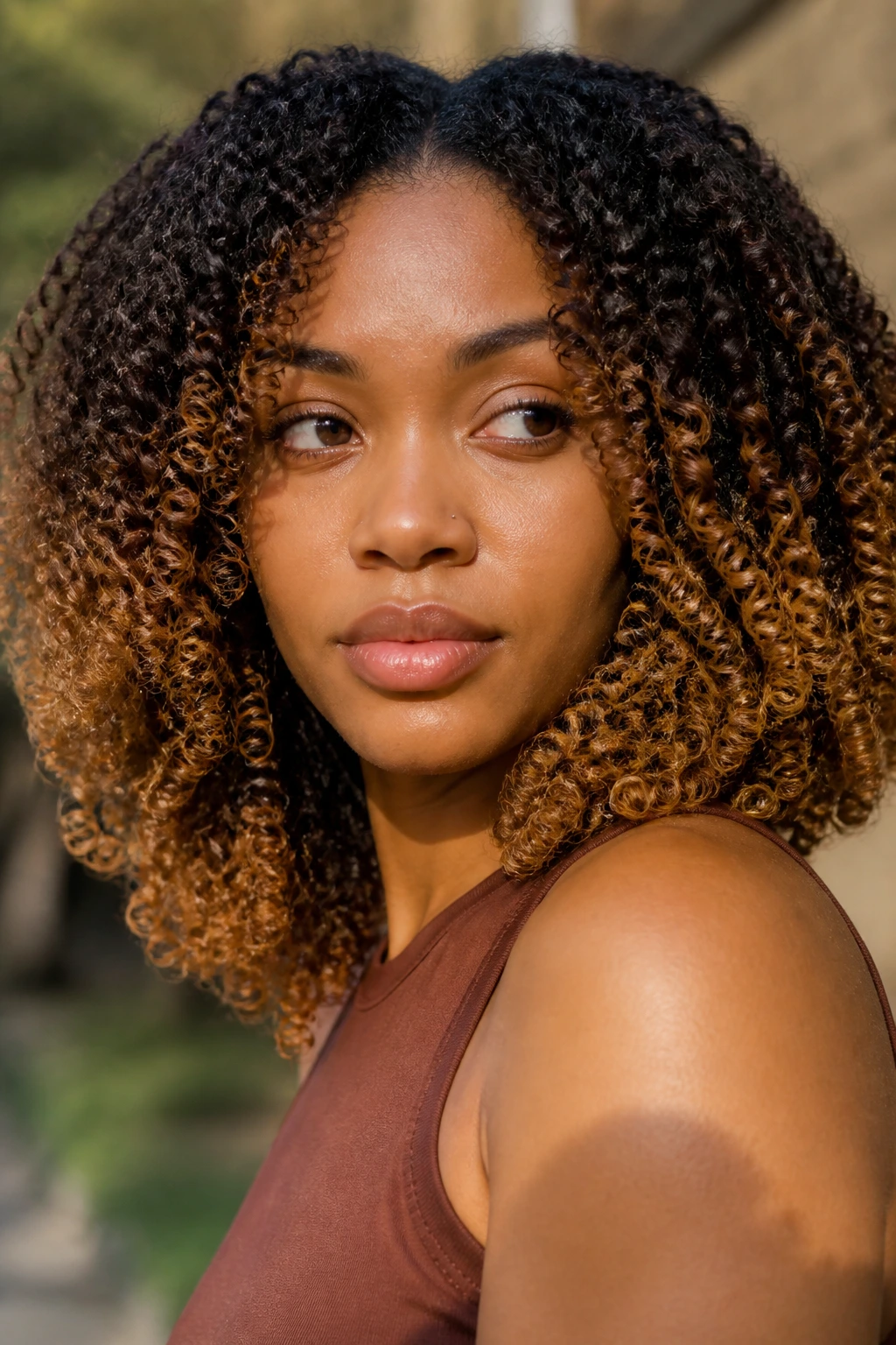 Wash-and-go curls with toffee ombre ends and dark roots.