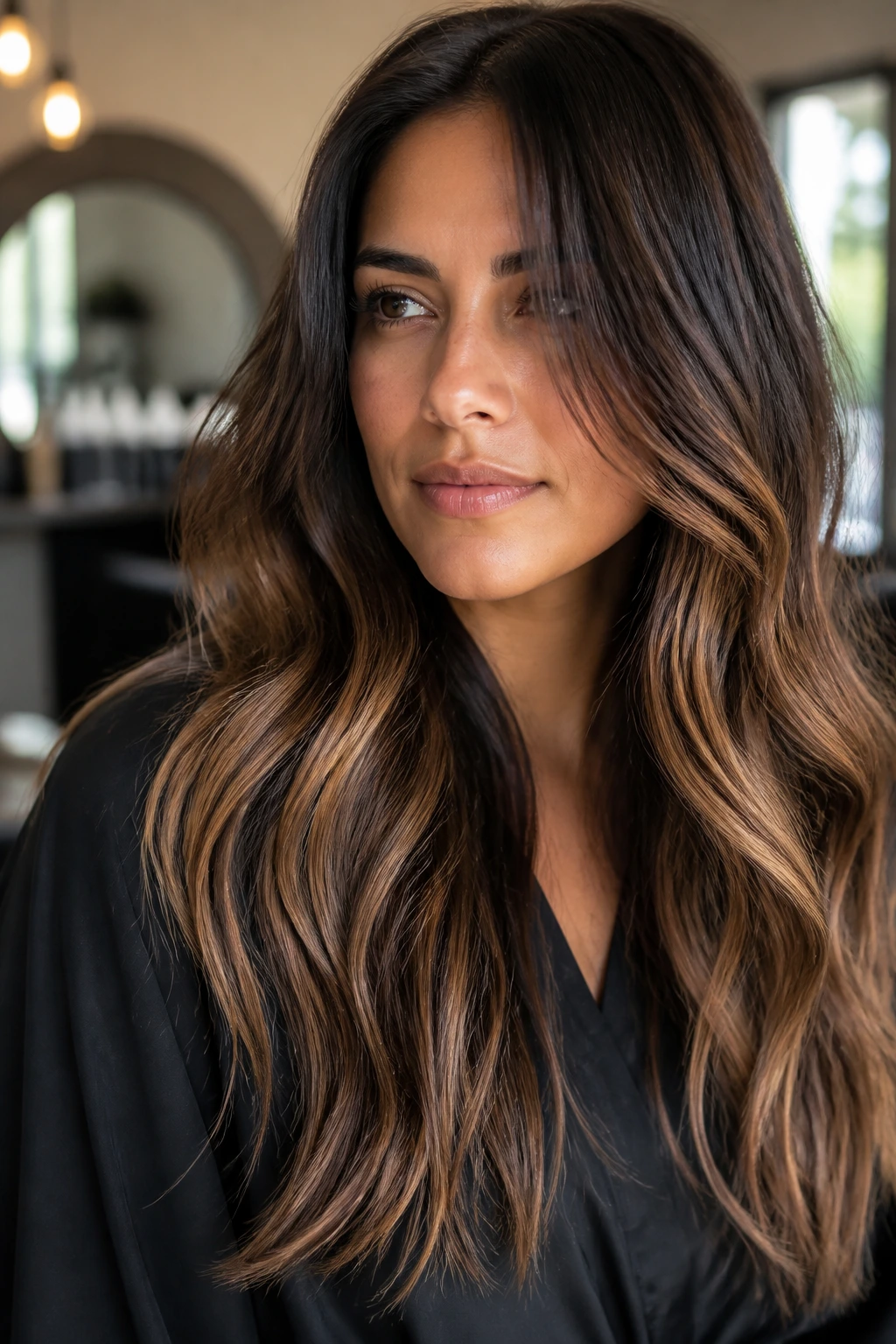 Close-up of real woman with espresso-to-toast ombre hair from dark roots to toasted brown