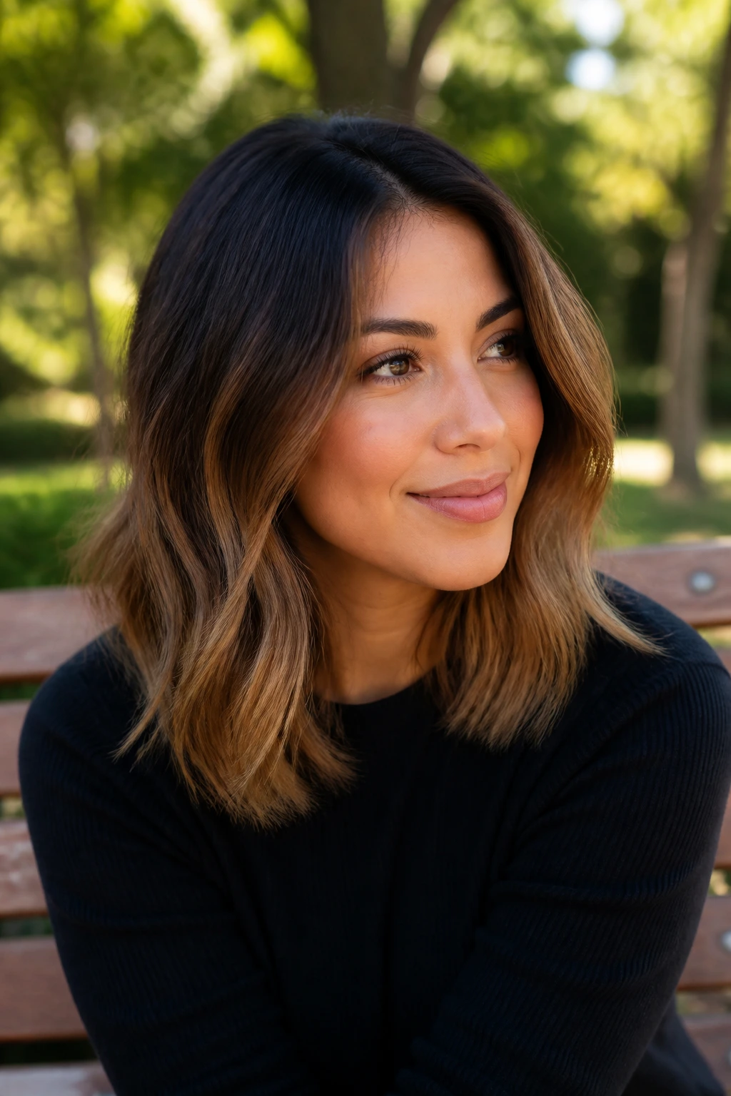 Real woman with shoulder-length hair showing a soft dark-to-camel ombré.