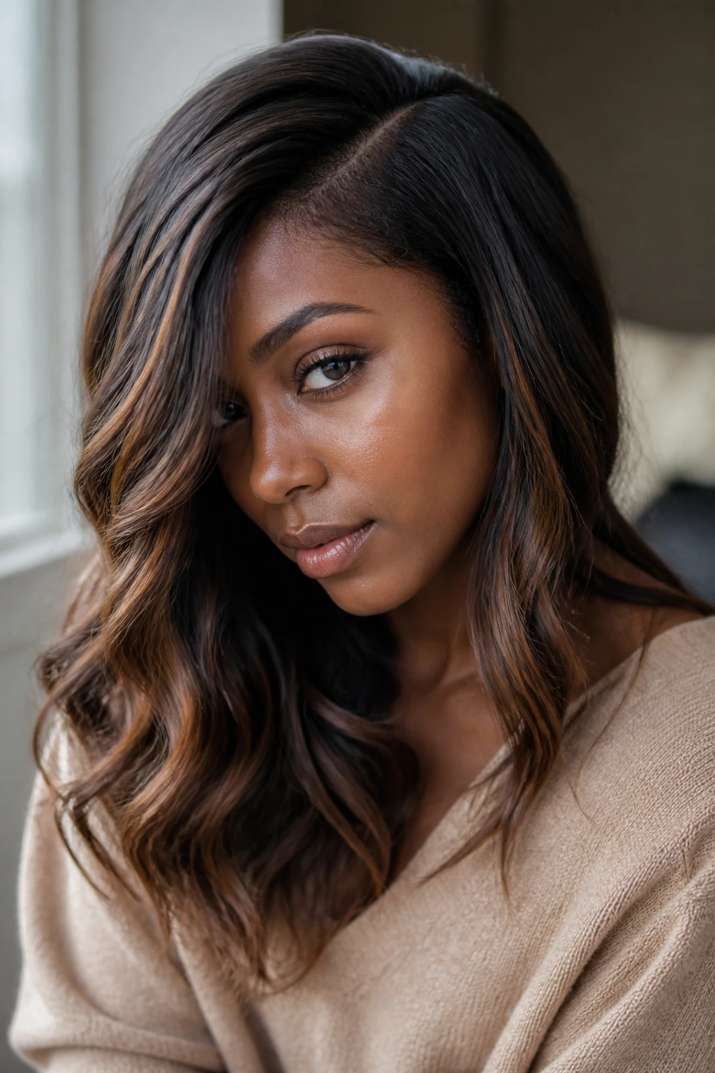 Portrait of woman with side-part ombre showing color staying visible