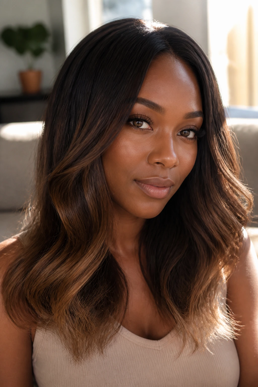 Close-up of a real woman with deep skin tone and subtle ombré showing soft edges and fuller hair