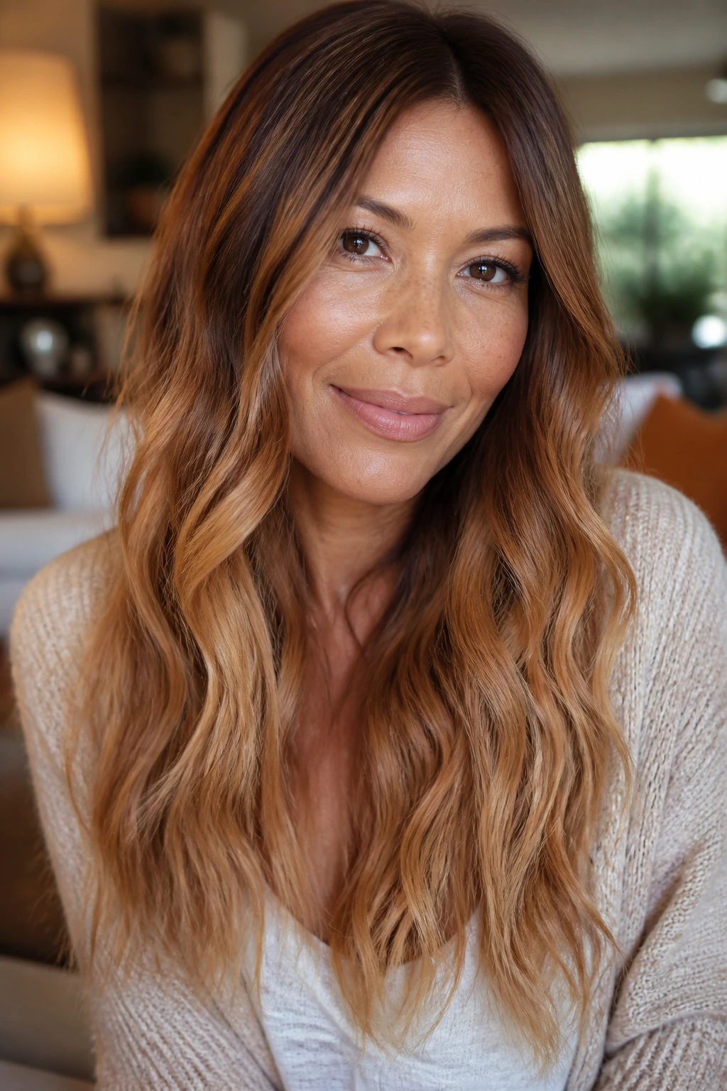 Close-up portrait of woman with cinnamon honey ombre hair