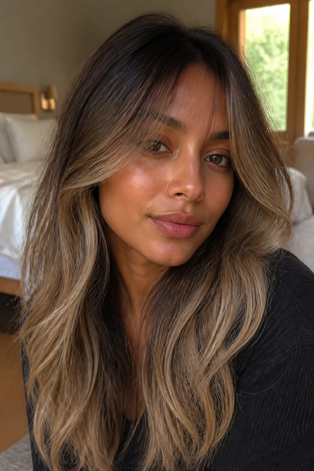 Close-up portrait of almond milk brown melt hair with milky roots and beige ends and curtain bangs.