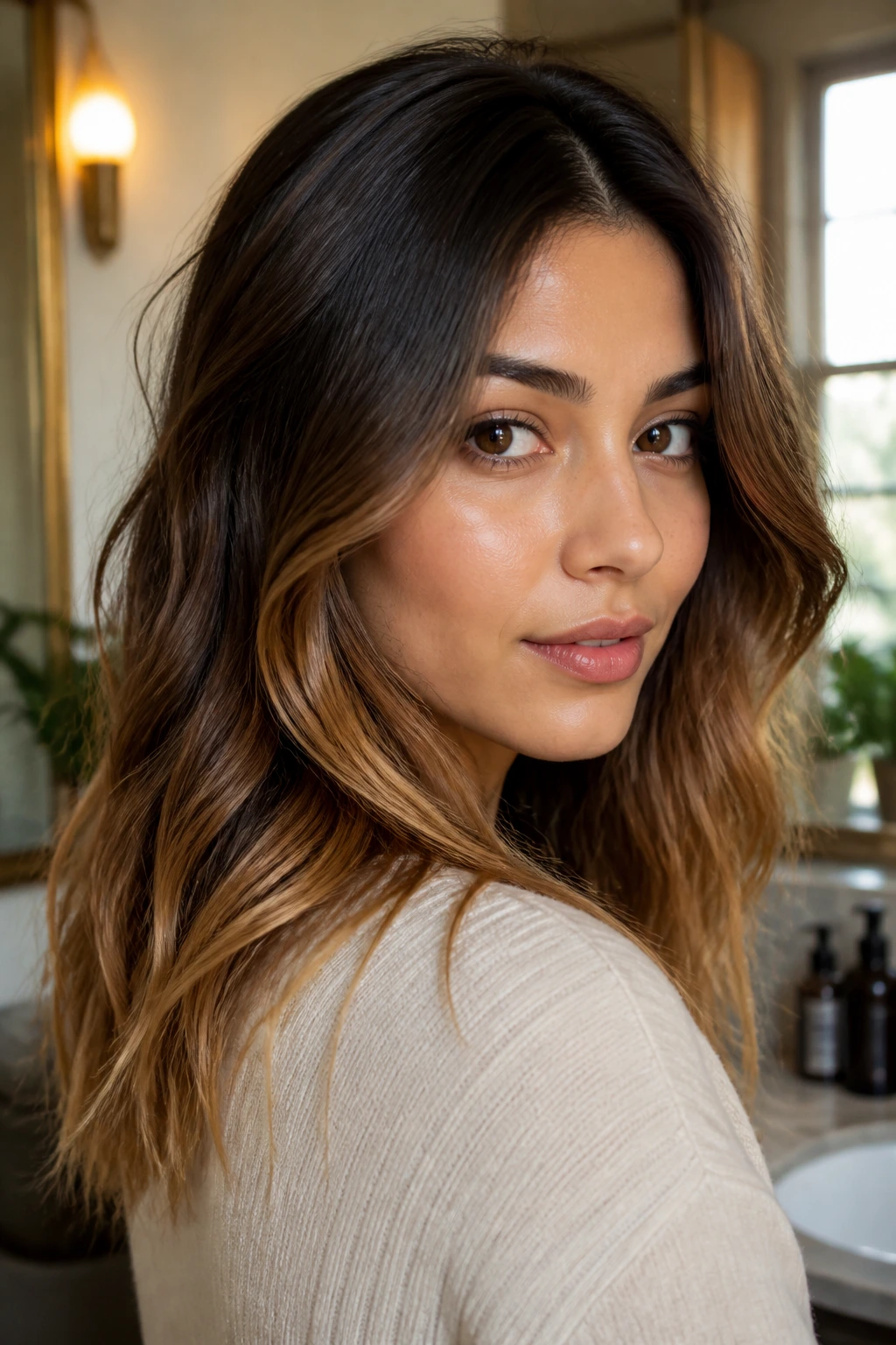 Close-up of a real woman with chestnut-to-honey ombré hair.