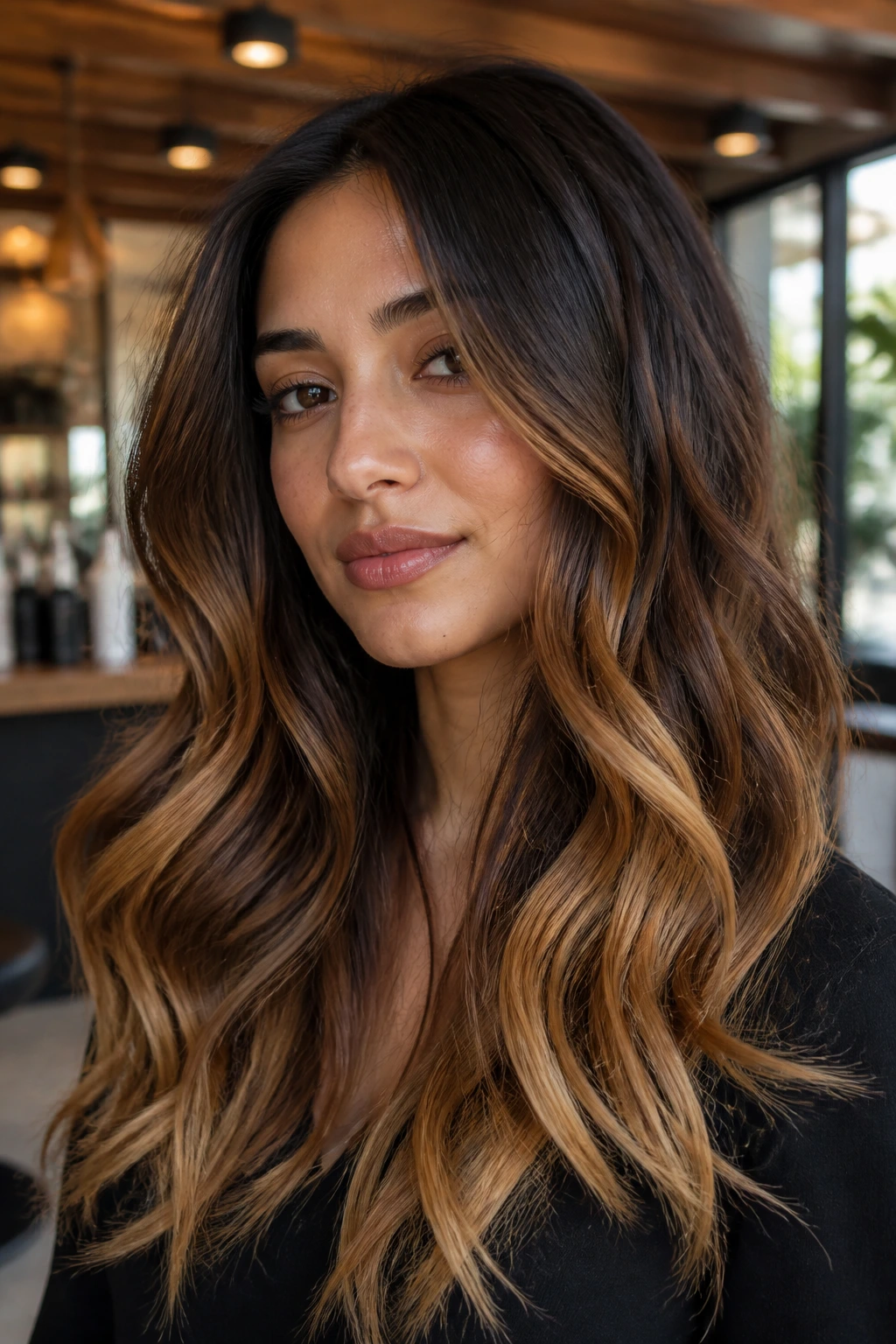 Close-up of a real woman's hair showing a cocoa-to-honey ombré gradient in warm salon light.