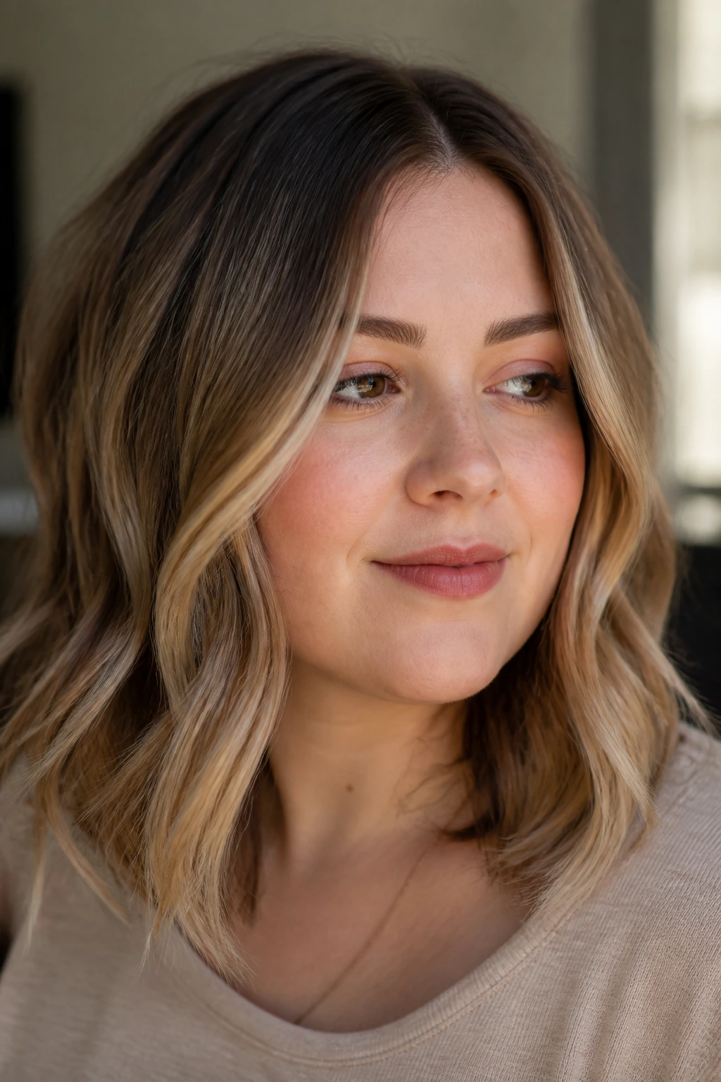 Close-up portrait of a round-faced woman with a lower-on-jaw ombre fade.